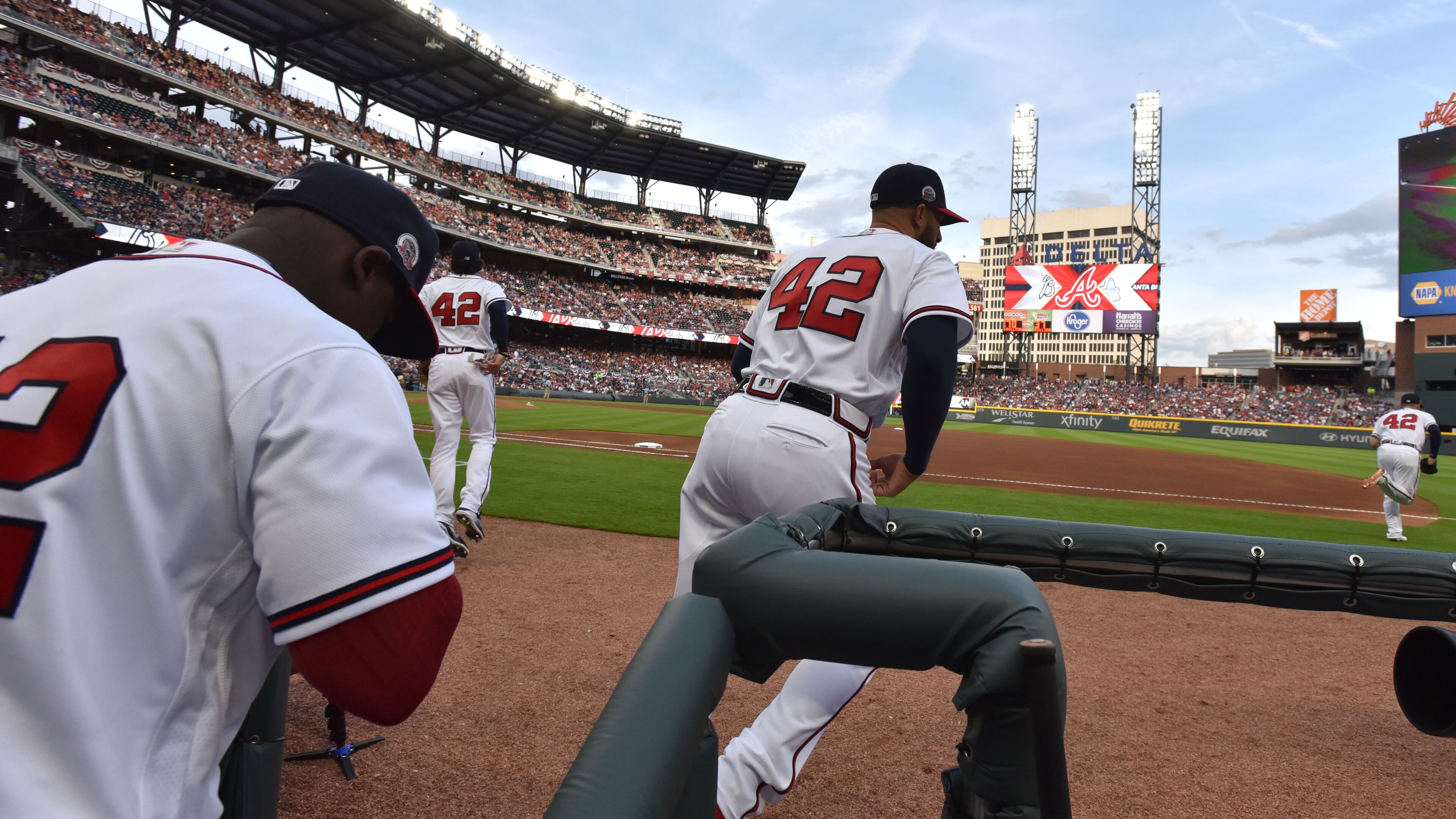 Braves players wear No. 42 in honor of Jackie Robinson Day against the San Diego Padres Saturday, April 15, 2017, at SunTrust Park (now Truist Park) in Atlanta.