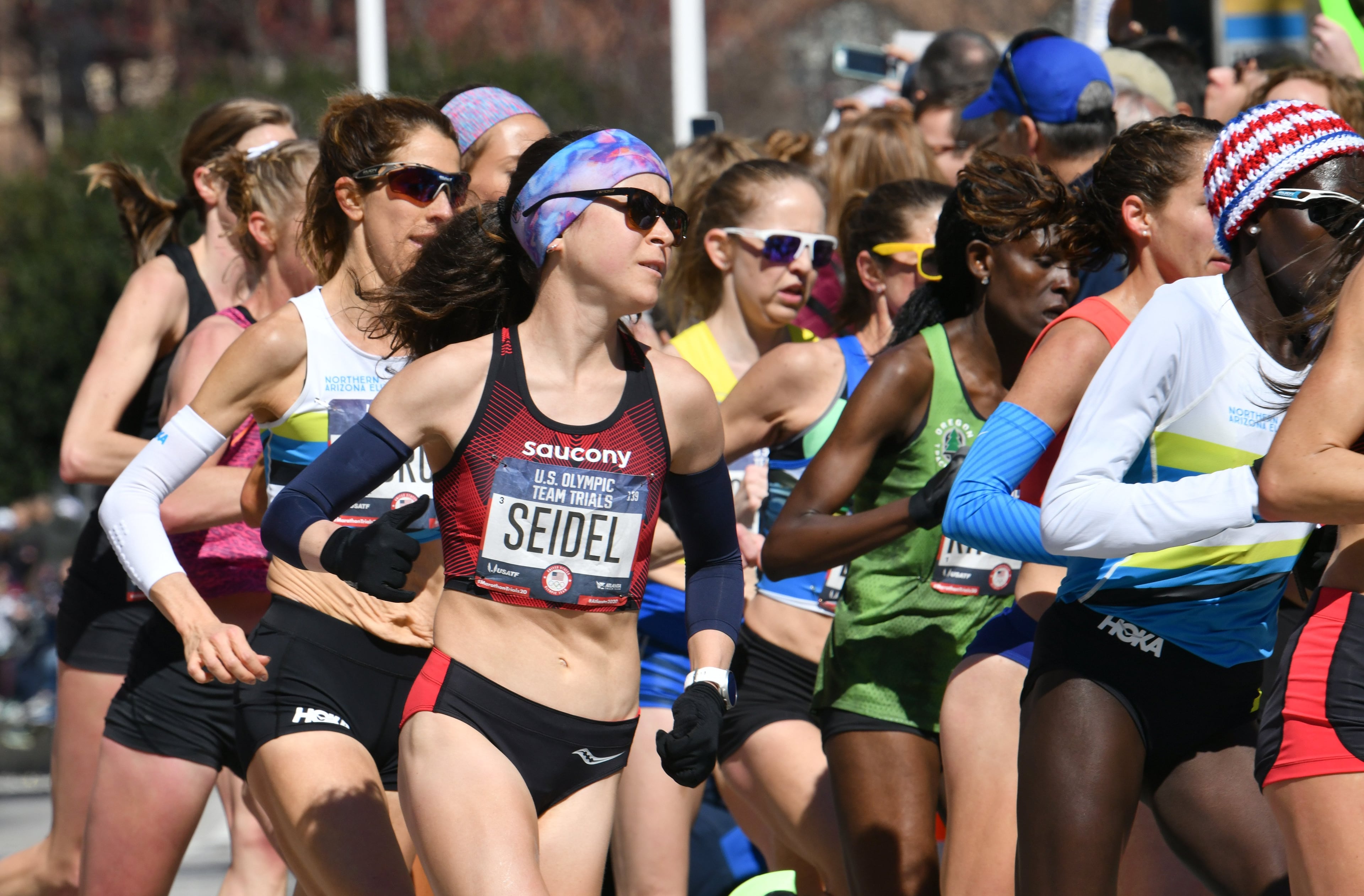The lead group of America's top female runners during the 2020 U.S. Olympic Team Trials Marathon in downtown Atlanta on Saturday, February 29, 2020. The marathon will decide the first six American athletes heading to the Olympic Game in Tokyo. (Hyosub Shin / Hyosub.Shin@ajc.com)