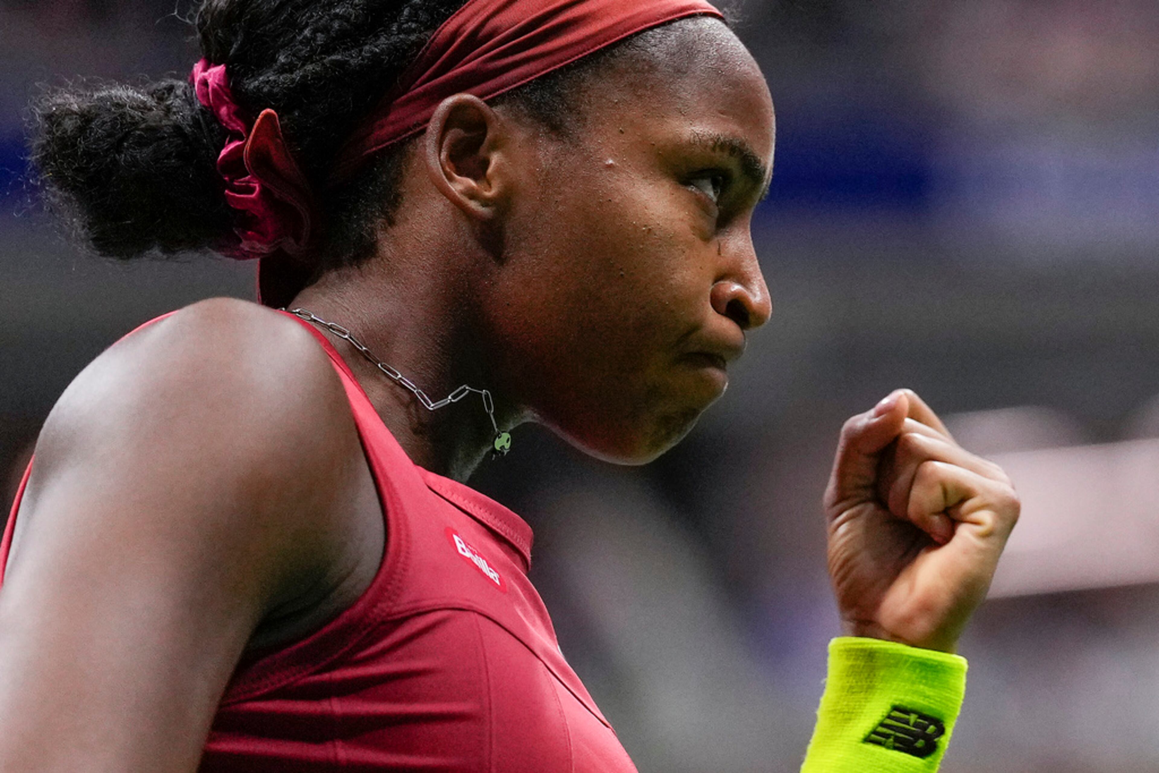 Coco Gauff, of the United States, reacts after a point against Aryna Sabalenka, of Belarus, during the women's singles final of the U.S. Open tennis championships, Saturday, Sept. 9, 2023, in New York. (AP Photo/Manu Fernandez)