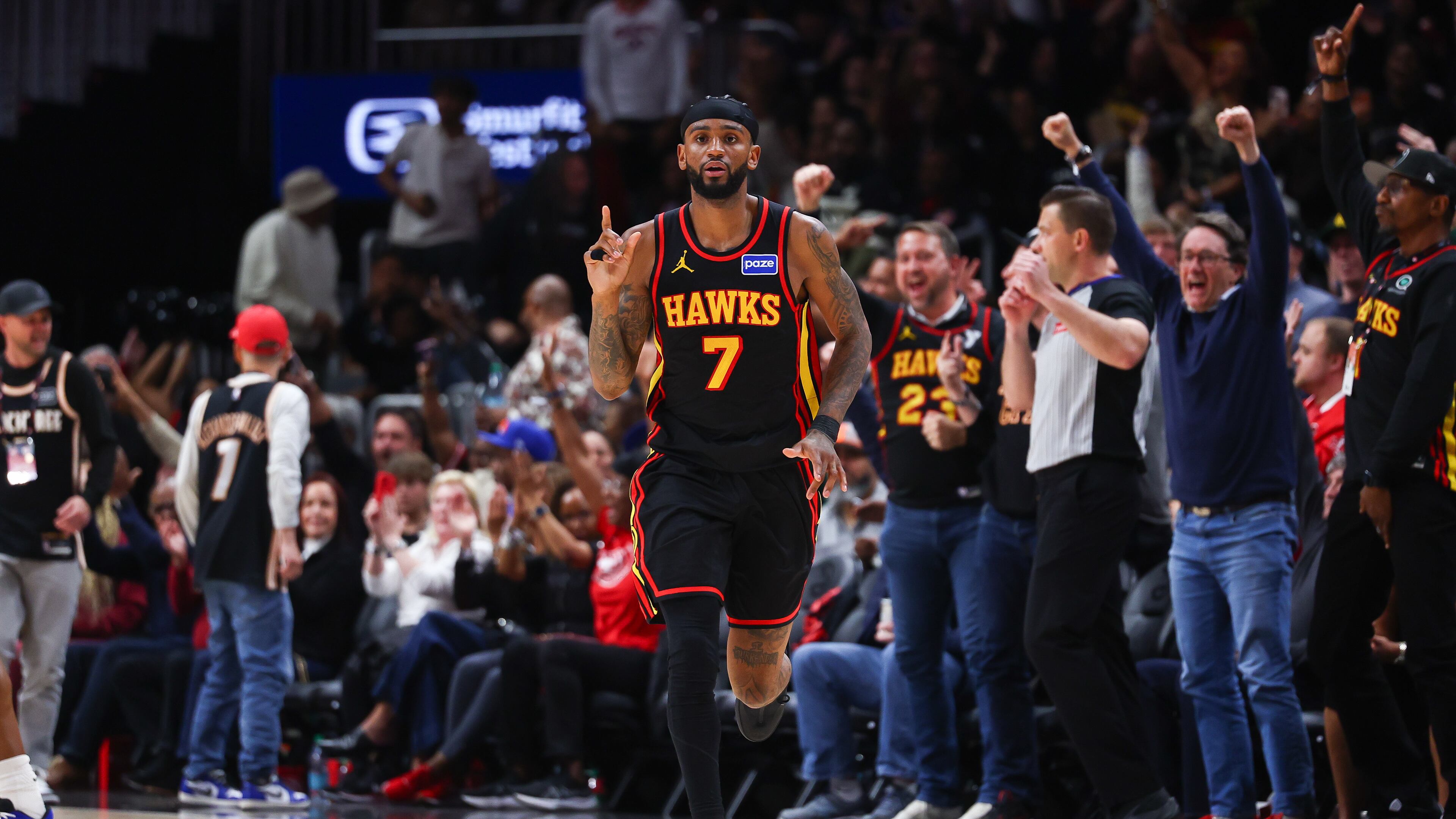 Atlanta Hawks guard Nickeil Alexander-Walker (7) reacts during the second half of an NBA basketball game against the New York Knicks, Monday, April 6, 2026, in Atlanta. (AP Photo/Colin Hubbard)