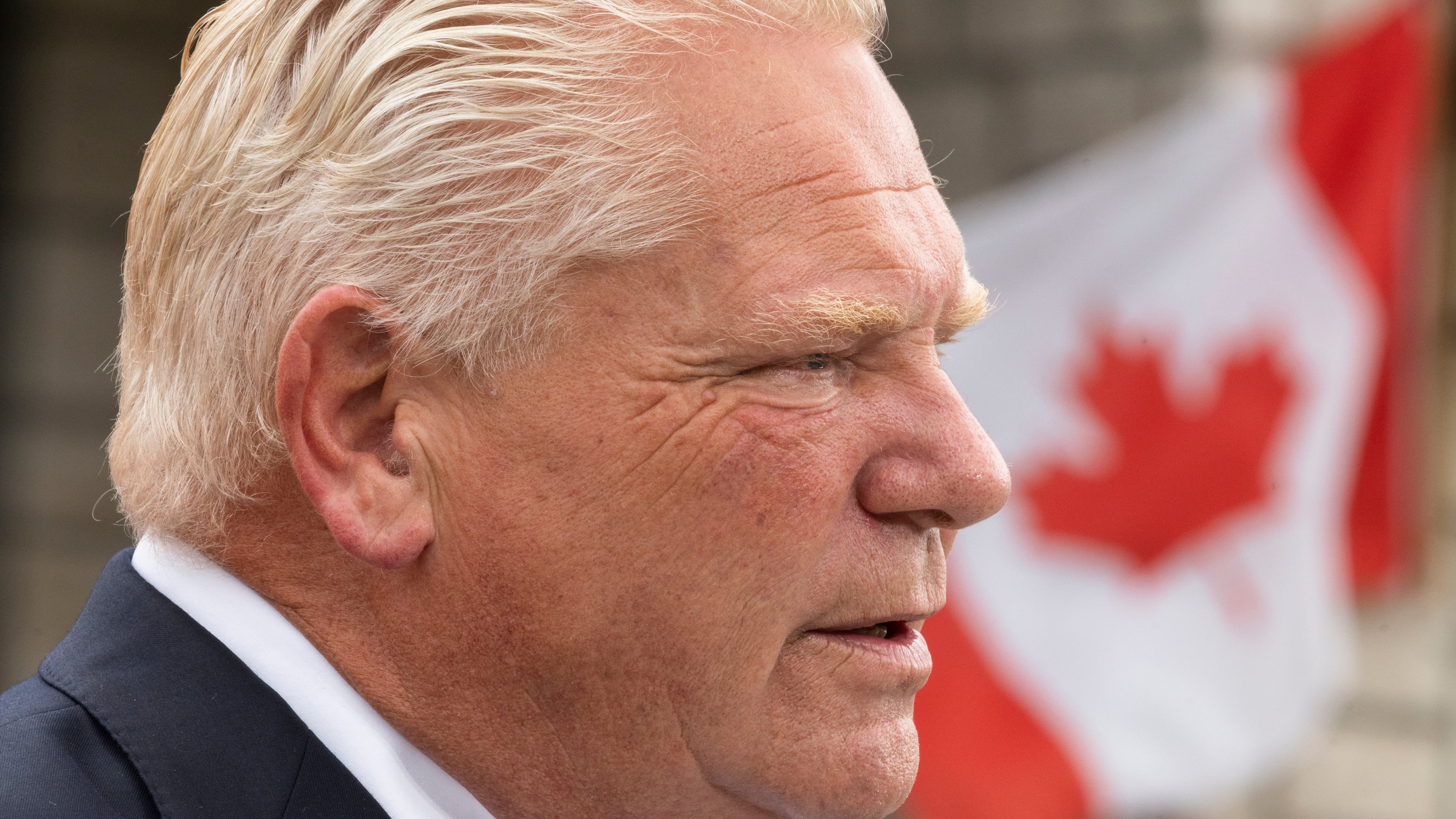 Ontario Premier Doug Ford speaks to media at a housing development in Hamilton, on Monday, Aug. 24, 2026. (Nick Iwanyshyn/The Canadian Press via AP)