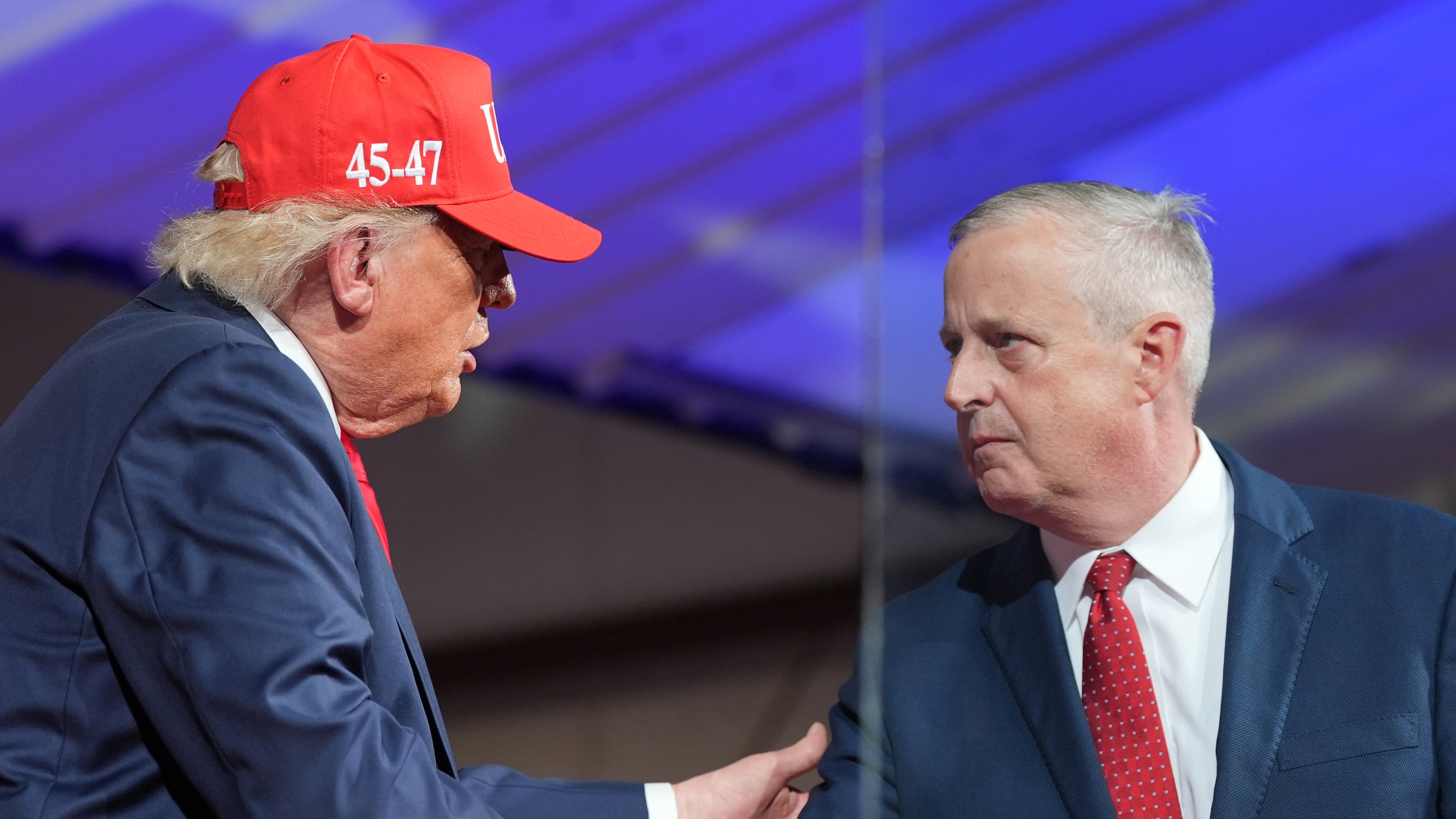 President Donald Trump greets North Carolina Republican U.S. Senate candidate Michael Whatley during a rally at Gastonia Municipal Airport, Wednesday, Sept. 16, 2026, in Gastonia, N.C. (AP Photo/Alex Brandon)
