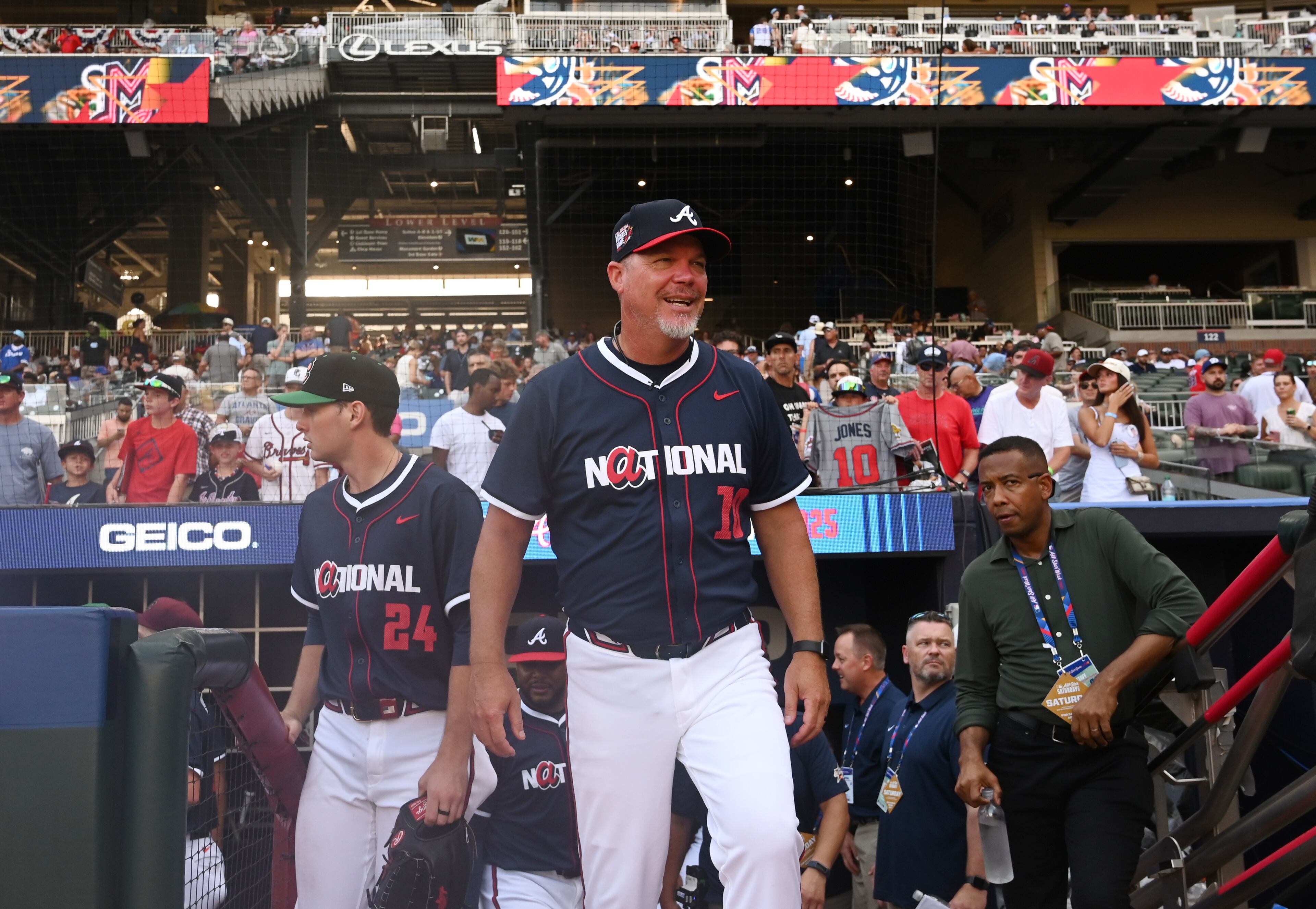National League manager Chipper Jones reacts after National League beat American League during the All-Star Futures Game at Truist Park, Saturday, July 12, 2025, in Atlanta. National League won 4-2 over American League. (Hyosub Shin / AJC)