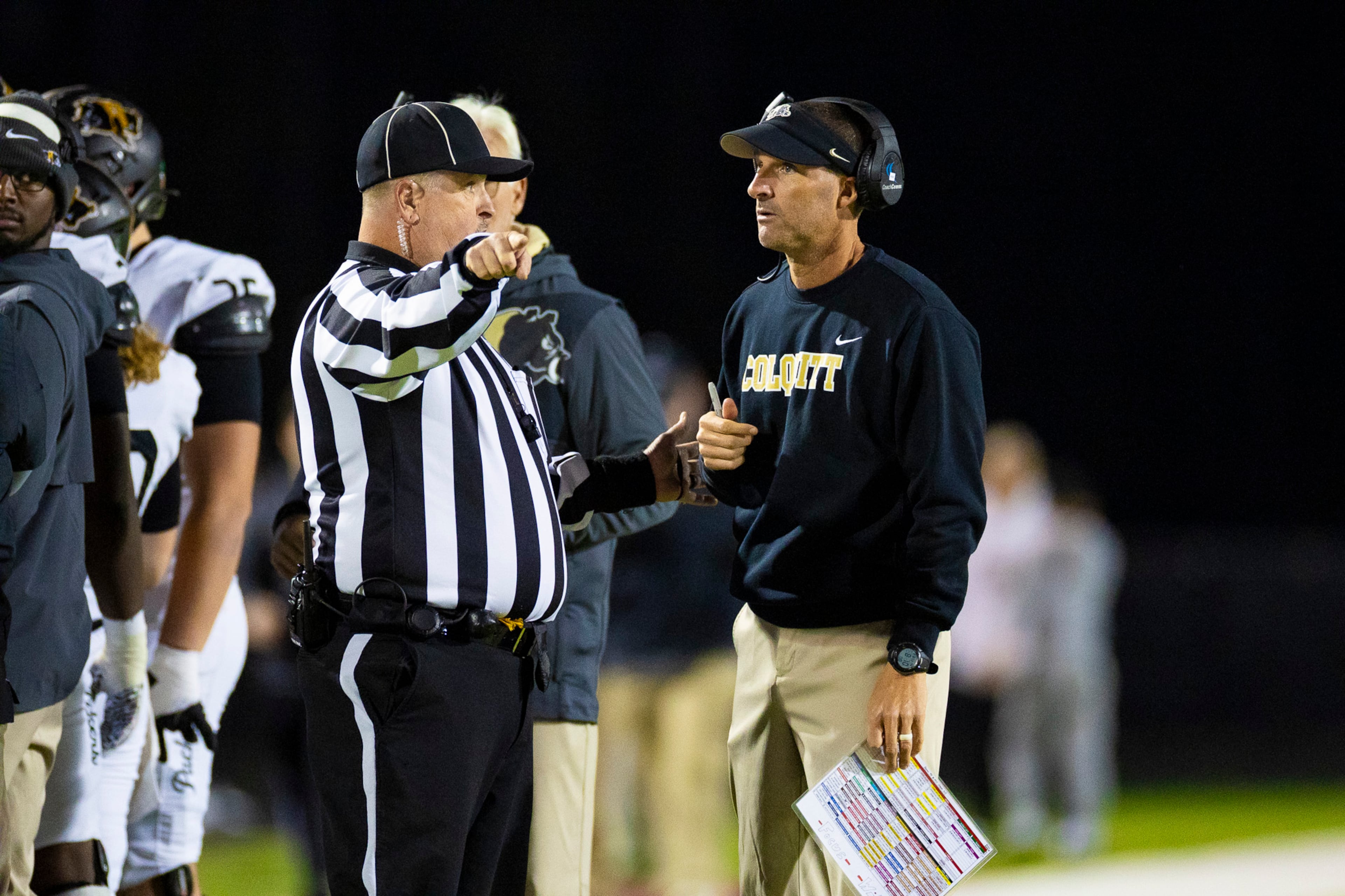 Colquitt County head coach Sean Calhoun talks to the referee during the first half against Mill Creek at Mill Creek Community Stadium, Friday, Nov. 14, 2025, in Hoschton, Ga. (Oscar Guevara Saenz for the AJC)
