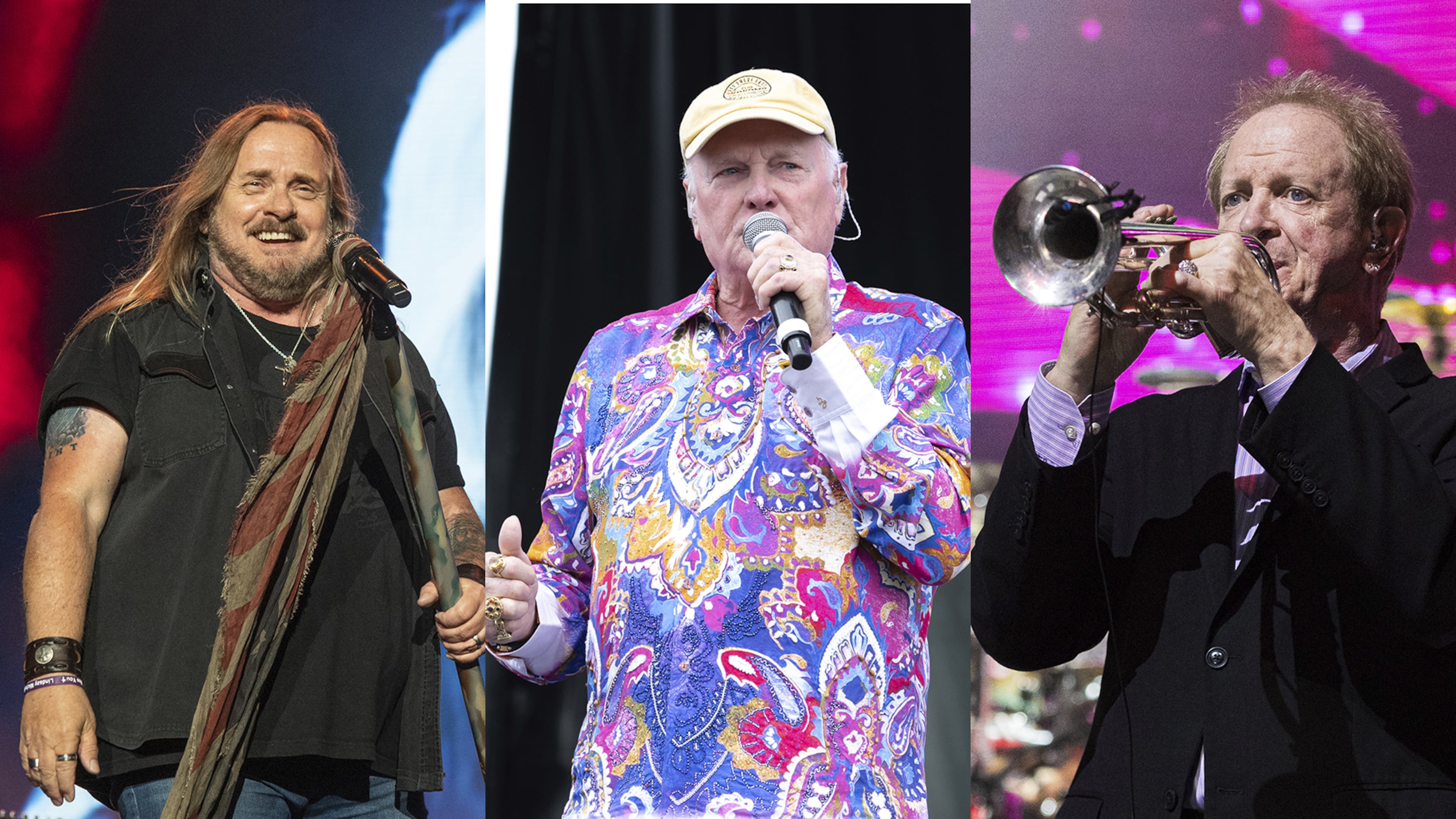 From left, Johnny Van Zant of Lynyrd Skynyrd, Mike Love of the Beach Boys and Lee Loughnane of Chicago are key members of longtime bands that are performing in Atlanta in mid-July. (Associated Press photos)