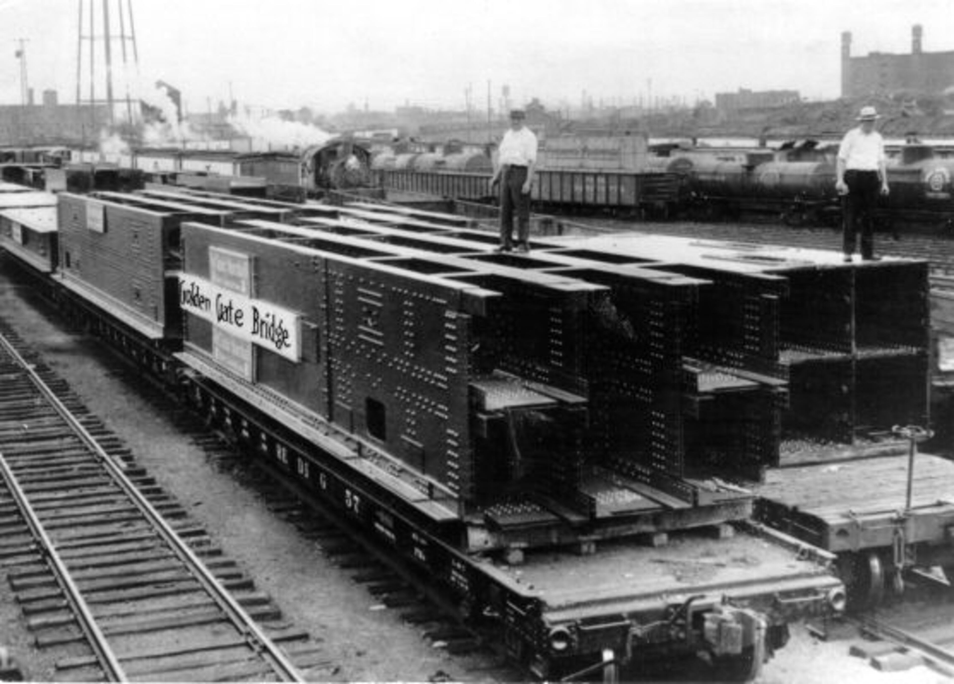 Steel parts of Golden Gate Bridge on railroad flatcars prior to shipment west 1933 Aug. 9