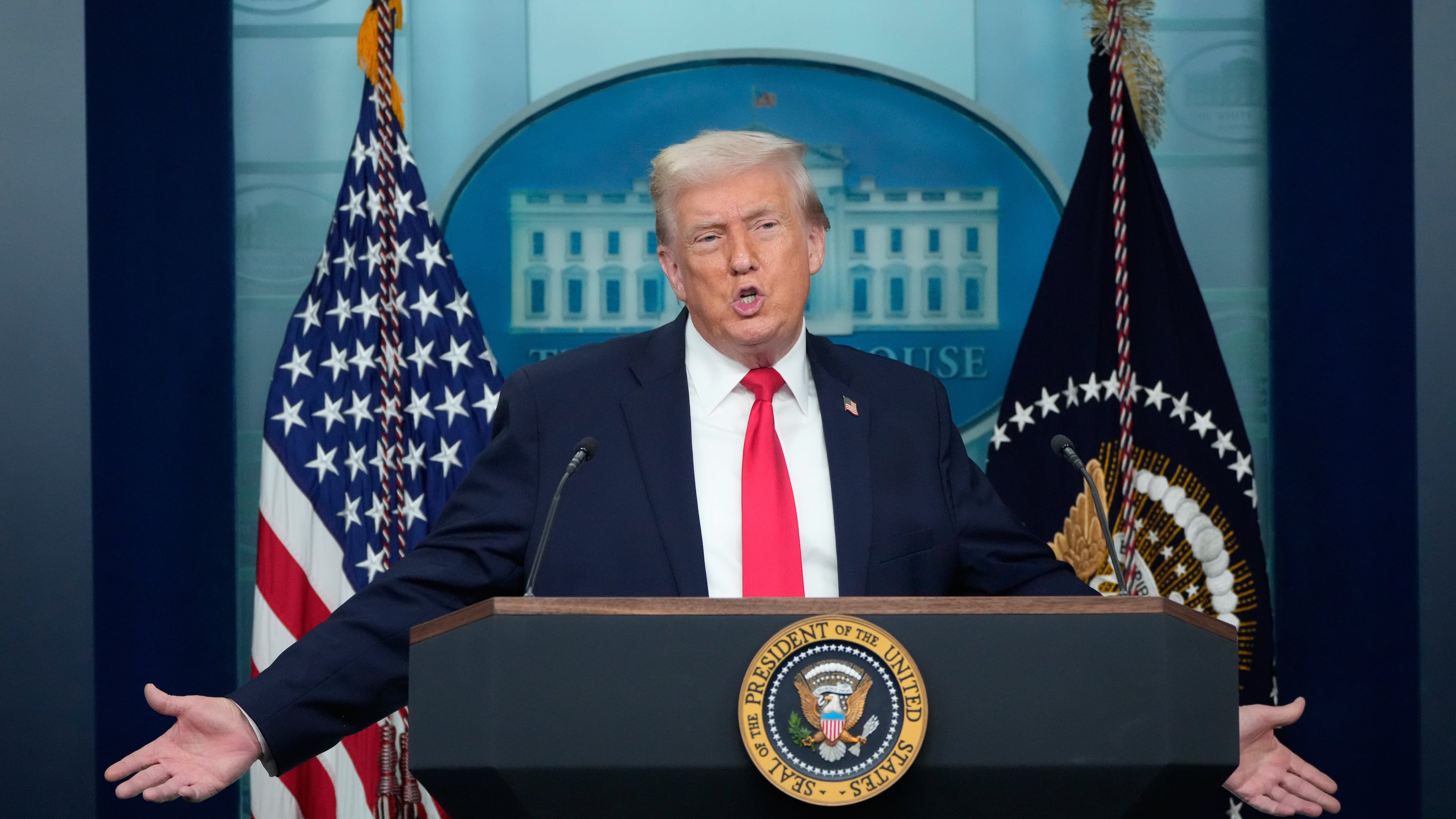 President Donald Trump speaks during a press briefing at the White House in Washington, Tuesday, Jan. 20, 2026. (Mark Schiefelbein/AP)