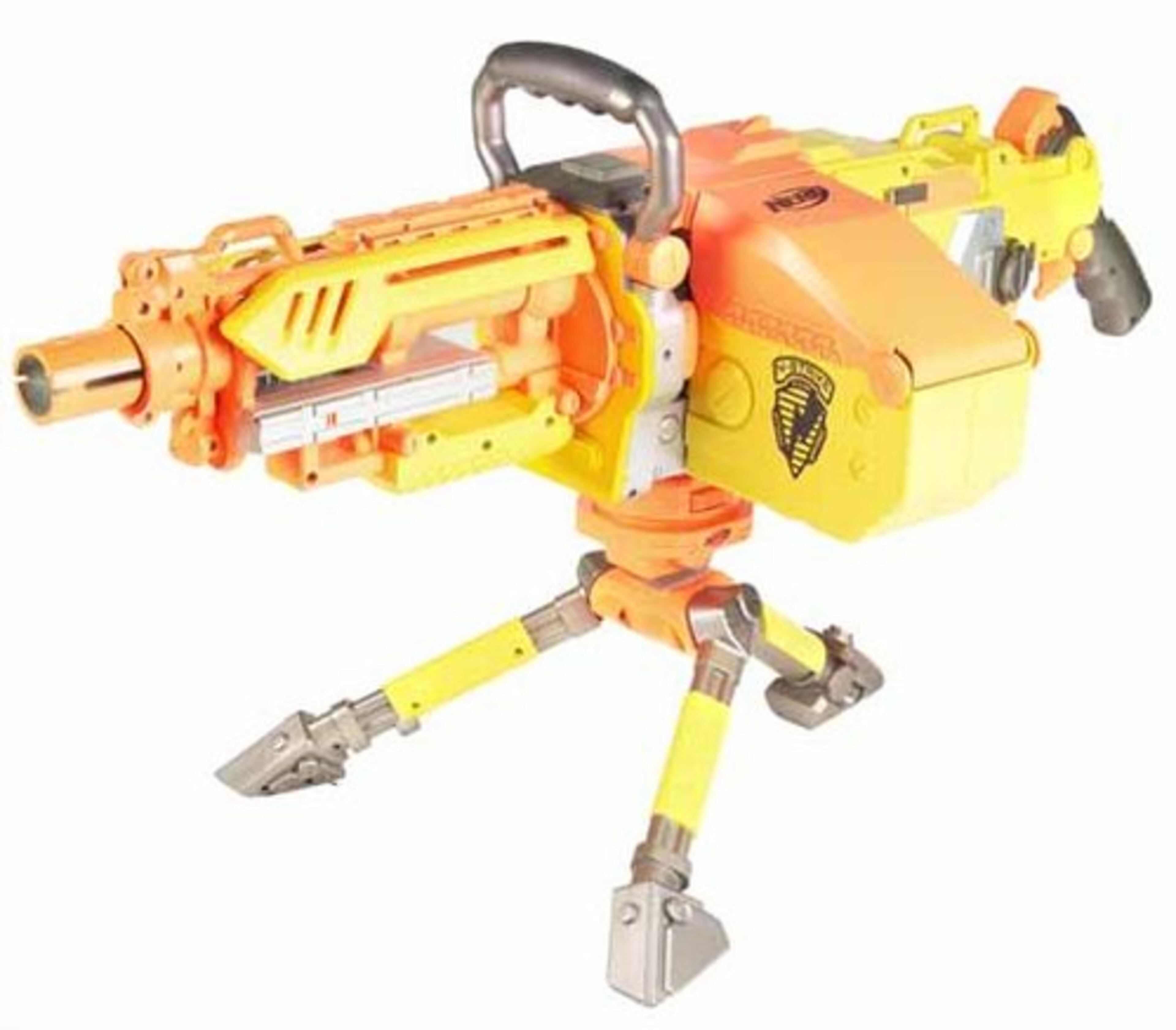 Nerf N-Strike Vulcan EBF-25: It takes six D batteries to power this massive automatic toy gun. A belt system helps load the darts quickly into the gun. With a pull of the trigger, the gun blasts a flurry of foam darts, a total of three per second. Become a backyard or rumpus room sniper and use the folding tripod to hold steady aim. Includes 25 darts, which pack away into an ammo box for storage. Price: $39.99.