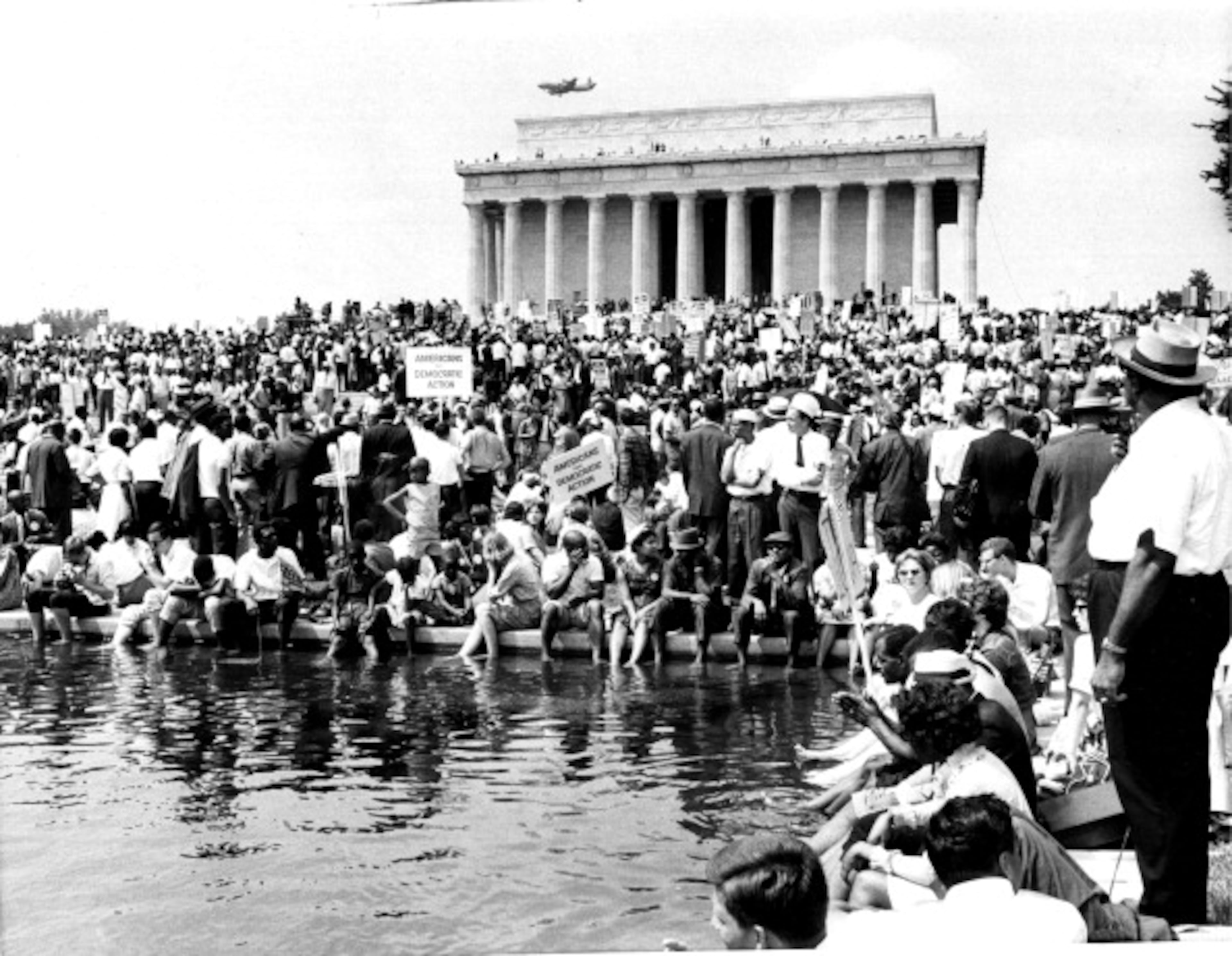 View of a portion of the crowd near the Reflecting Pool and Lincoln Memorial during the March on Washington for Jobs and Freedom, Washington DC, August 28, 1963. The march and rally provided the setting for the Reverend Martin Luther King Jr's iconic 'I Have a Dream' speech. (Photo by PhotoQuest/Getty Images)