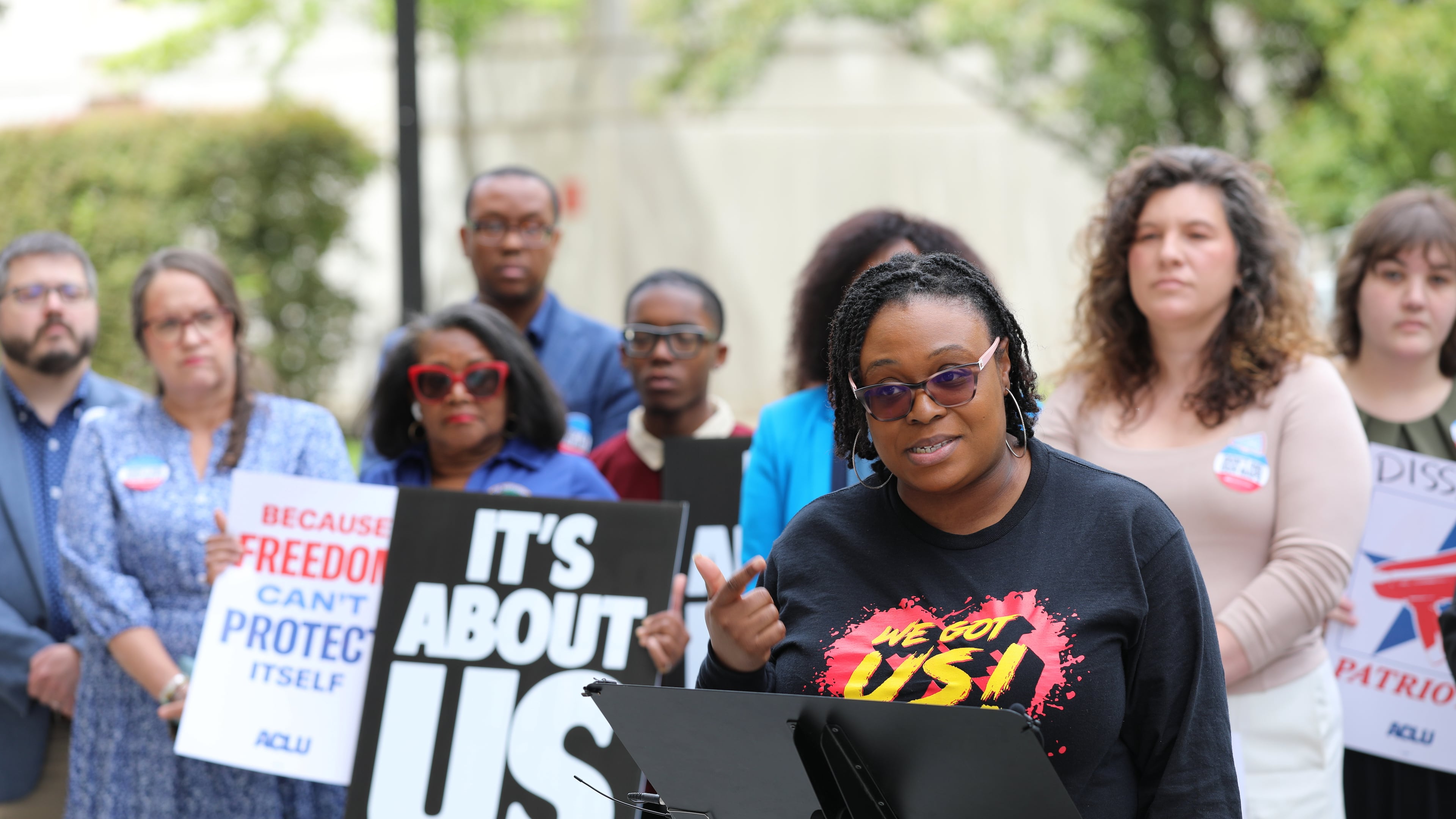 Danielle Brown, National Field Co-Director of Black Voters Matter, speaks about redistricting at the South Carolina Statehouse on Friday, May 8, 2026, in Columbia, S.C. (AP Photo/Jeffrey Collins)