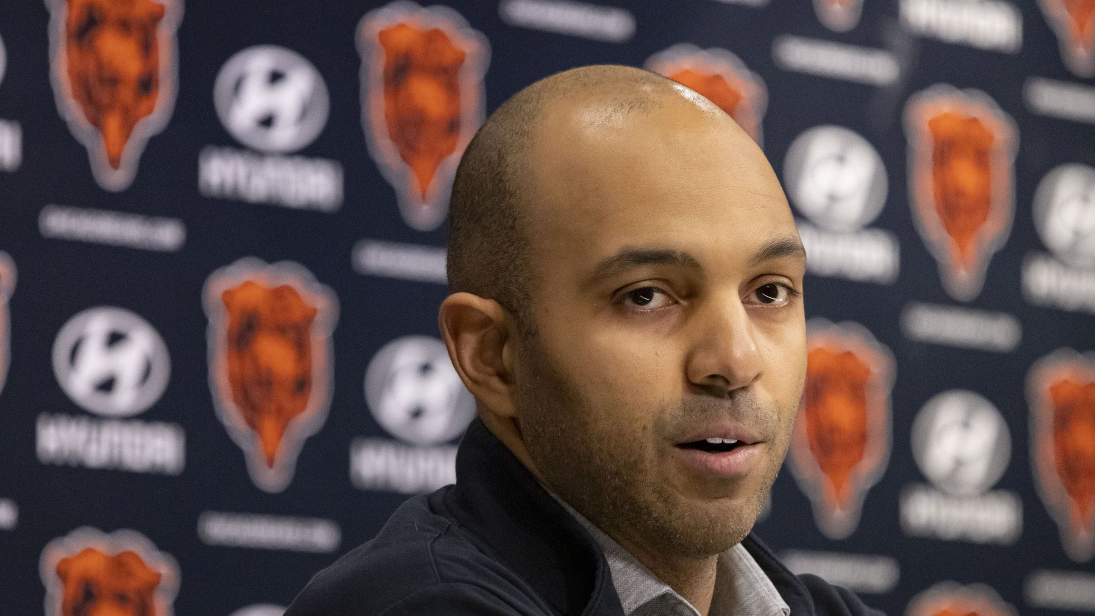 Bears assistant general manager Ian Cunningham speaks about the upcoming NFL draft on Tuesday, April 25, 2023, at Halas Hall. (Brian Cassella/Chicago Tribune/Tribune News Service via Getty Images)