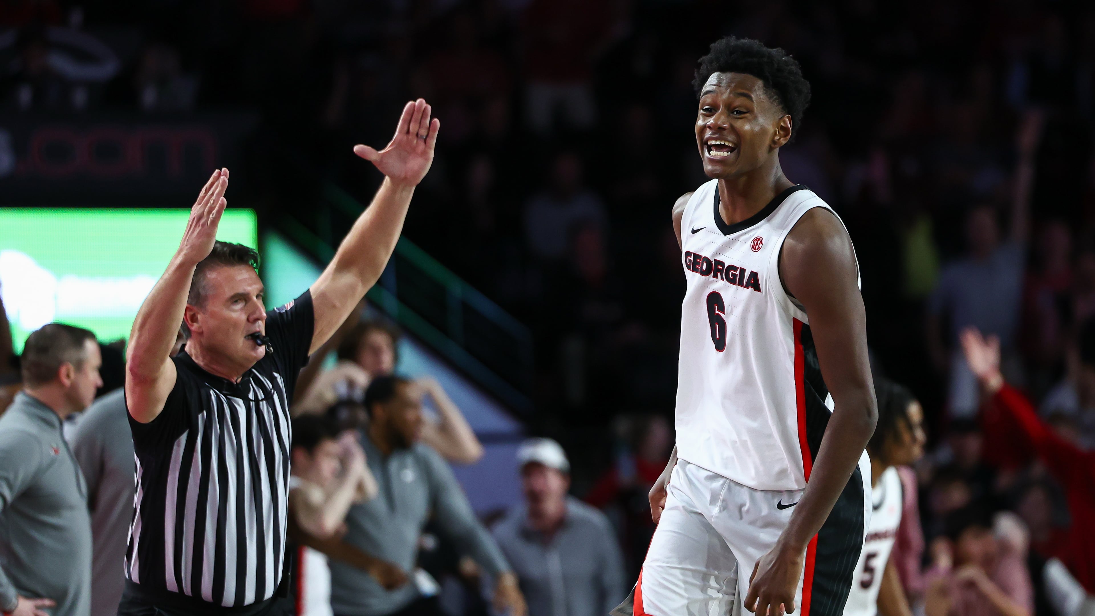 Georgia forward Kanon Catchings reacts after a 3-pointer during the second half of an NCAA college basketball game against Alabama, Tuesday, March. 3, 2026, in Athens, Ga. (AP Photo/Colin Hubbard)