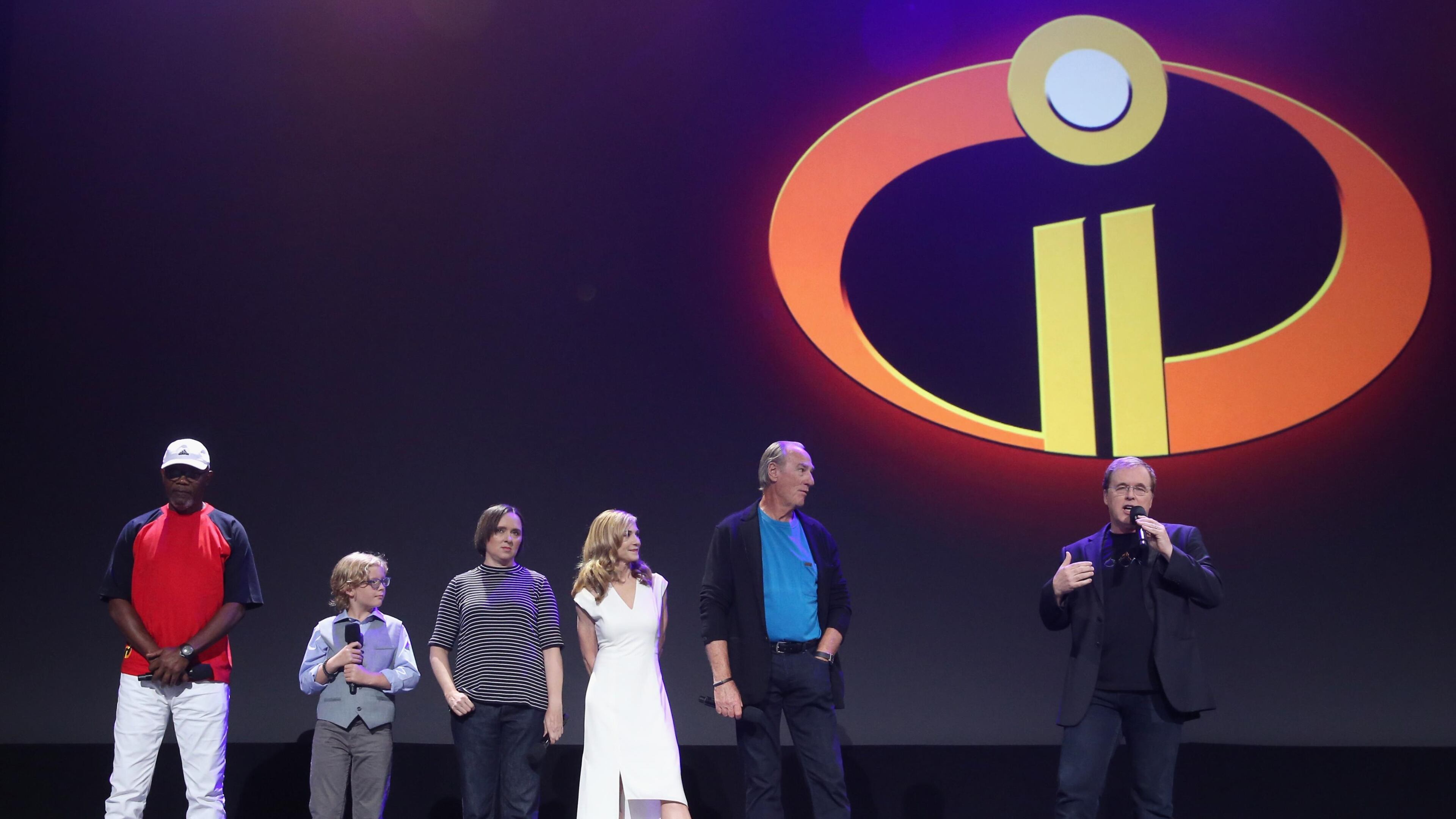 ANAHEIM, CA - JULY 14: (L-R) Actors Samuel L. Jackson, Huck Milner, Sarah Vowell, Holly Hunter, and Craig T. Nelson and director Brad Bird of The Incredibles 2 took part today in the Walt Disney Studios animation presentation at Disney's D23 EXPO 2017 in Anaheim, Calif. (Photo by Jesse Grant/Getty Images for Disney)
