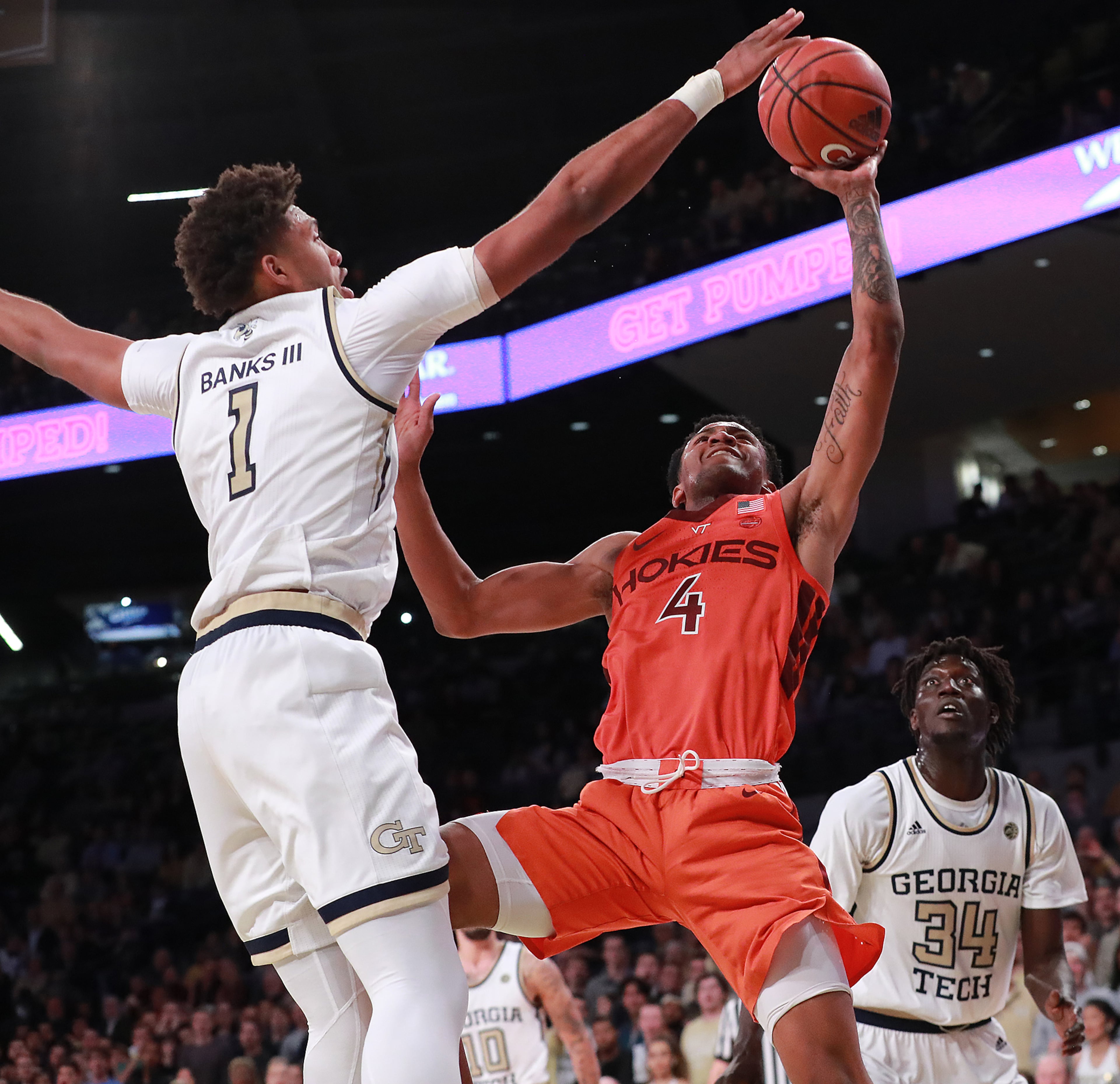 Jan. 09, 2019 Atlanta: Georgia Tech forward James Banks III blocks a shot by Virginia Tech guard Nickeil Alexander-Walker during the second half in a NCAA basketball at McCamish Pavilion on Wednesday, Jan. 9, 2019, in Atlanta. Curtis Compton/ccompton@ajc.com