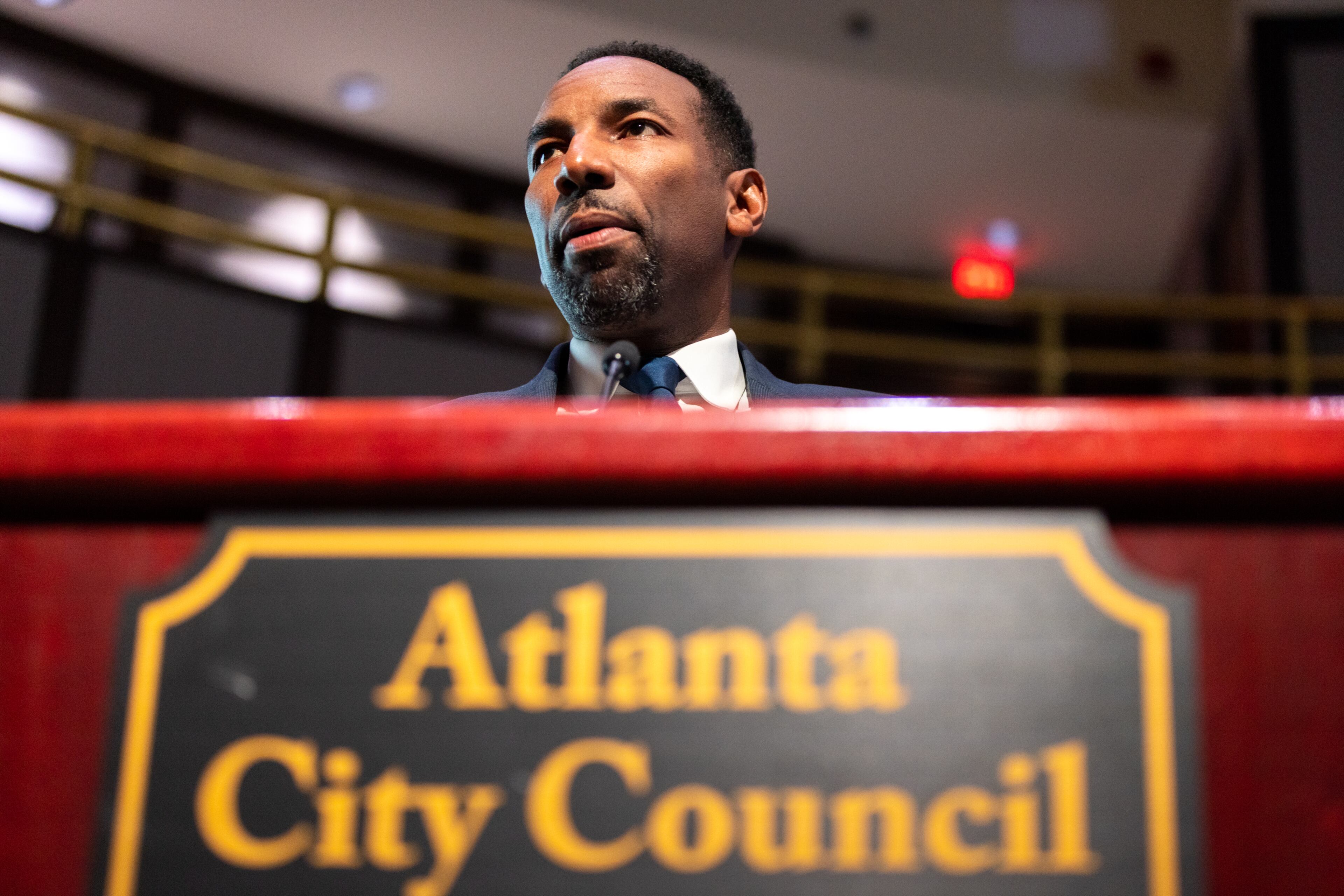 Mayor Andre Dickens updates the City Council about the city’s water failure during a council meeting at City Hall in Atlanta on June 3, 2024. (Arvin Temkar/AJC)