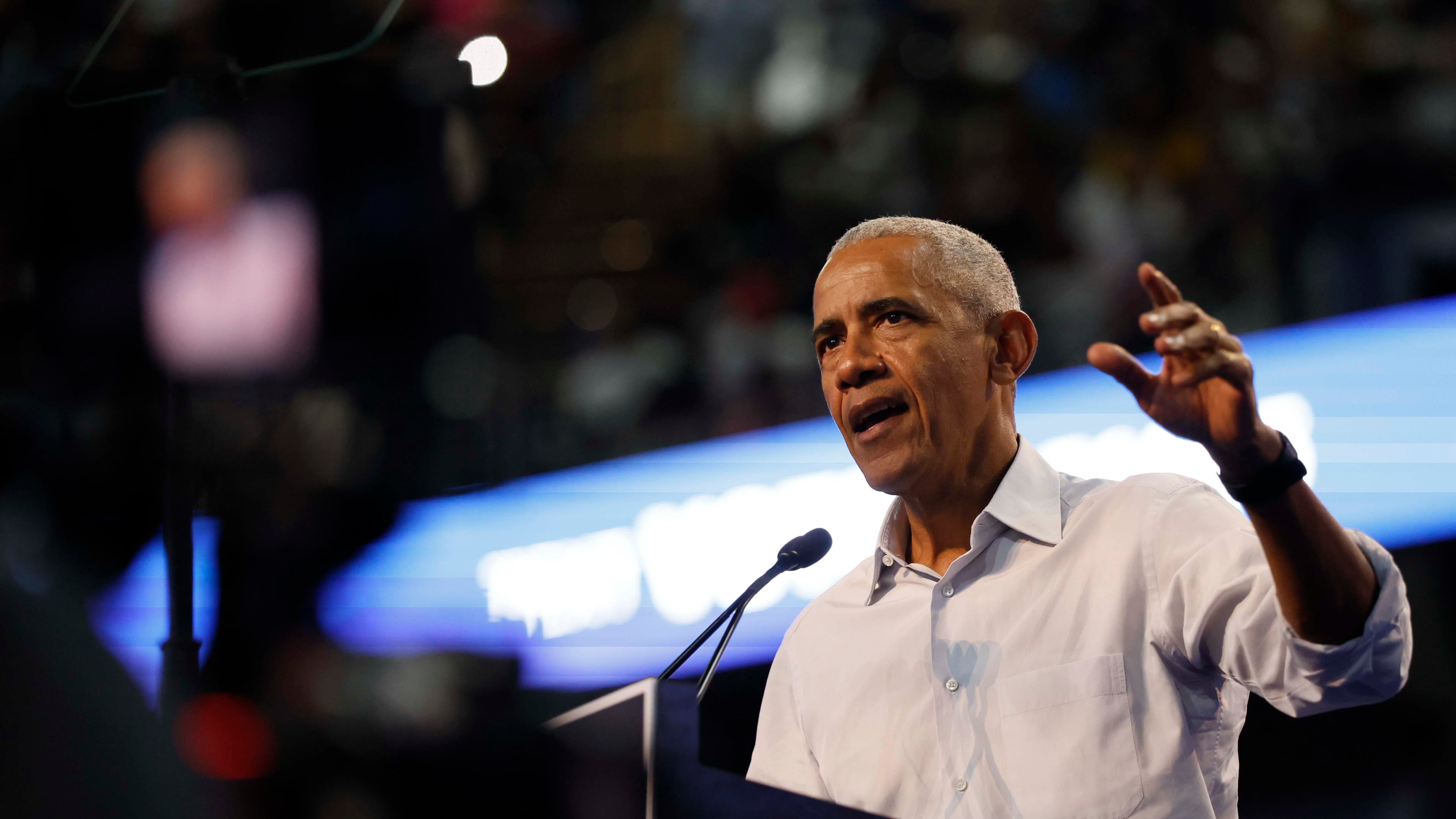 Former President Barack Obama addresses the crowd at a campaign event at The Arena at Southlake in support of U.S. Jon Ossoff and Democratic gubernatorial nominee Keisha Lance Bottoms in Morrow, Ga., on Wednesday, Oct. 28, 2026. (Miguel Martinez/AJC)
