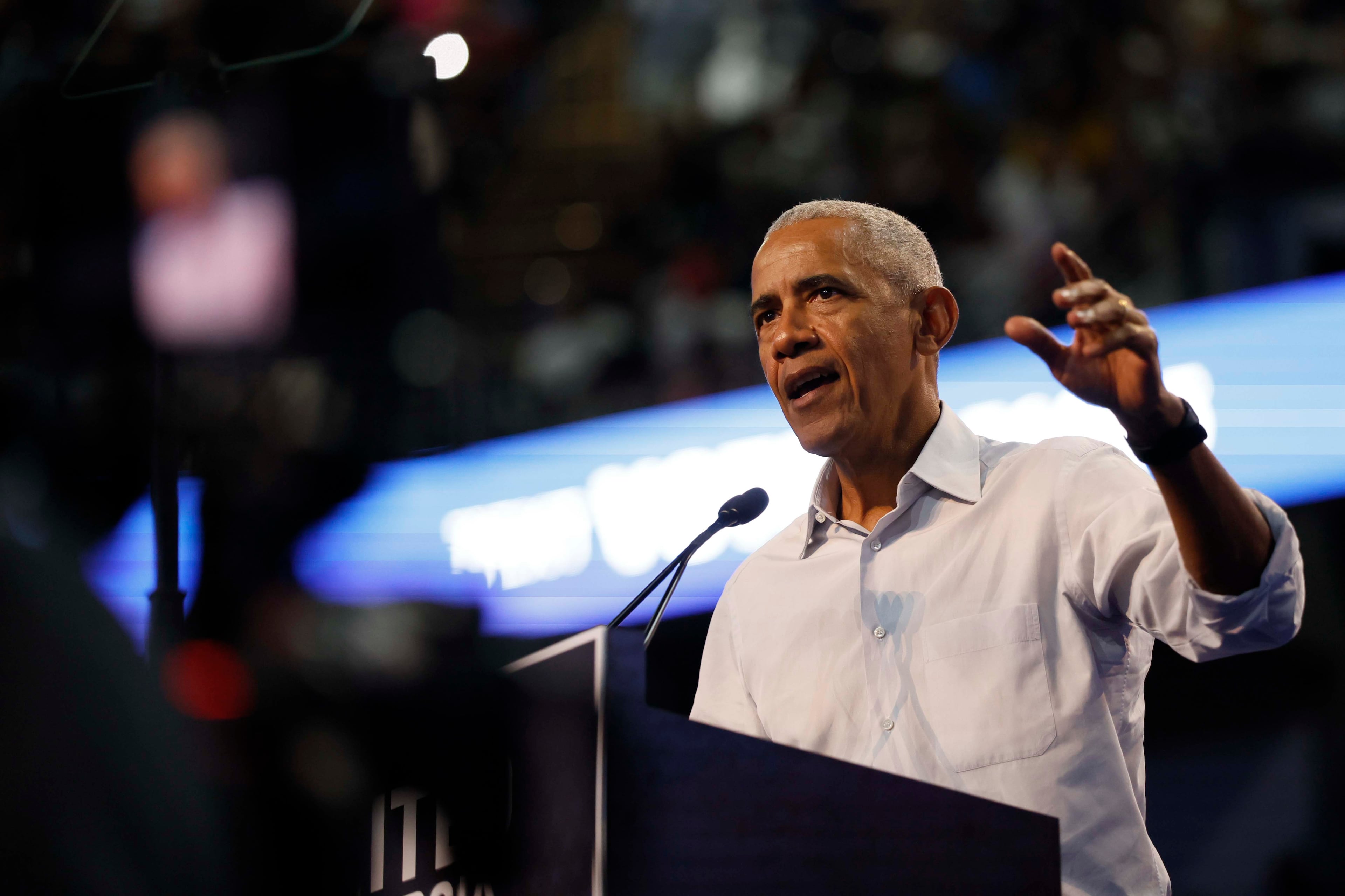 Former President Barack Obama addresses the crowd at a campaign event at The Arena at Southlake in support of U.S. Jon Ossoff and Democratic gubernatorial nominee Keisha Lance Bottoms in Morrow, Ga., on Wednesday, Oct. 28, 2026. (Miguel Martinez/AJC)