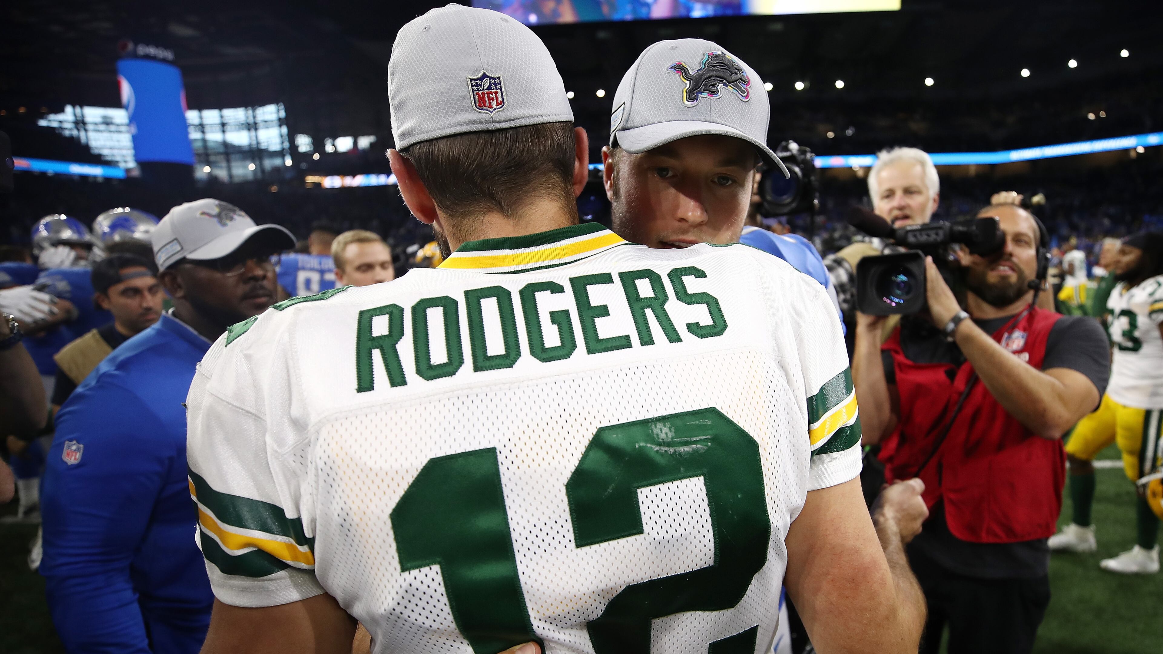 Green Bay quarterback Aaron Rodgers is greeted by Detroit quarterback Matthew Stafford after the Lions defeated the Packers, 31-23, Oct. 7, 2018, at Ford Field in Detroit.