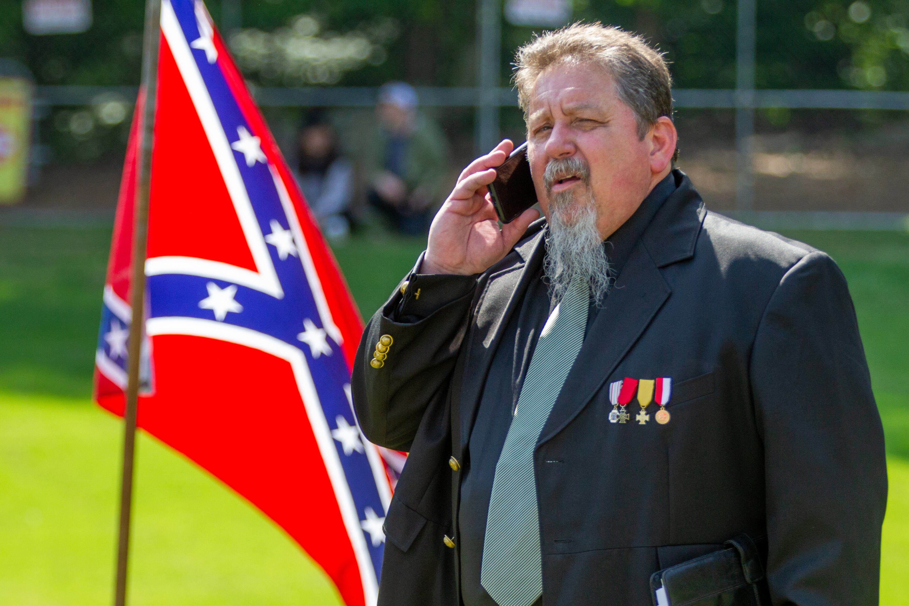 Georgia Division Commander Tim Pilgrim waits for his turn to speak during the Sons of Confederate Veterans rally in Stone Mountain Park on Saturday, April 30, 2022. (Photo: Steve Schaefer / steve.schaefer@ajc.com)