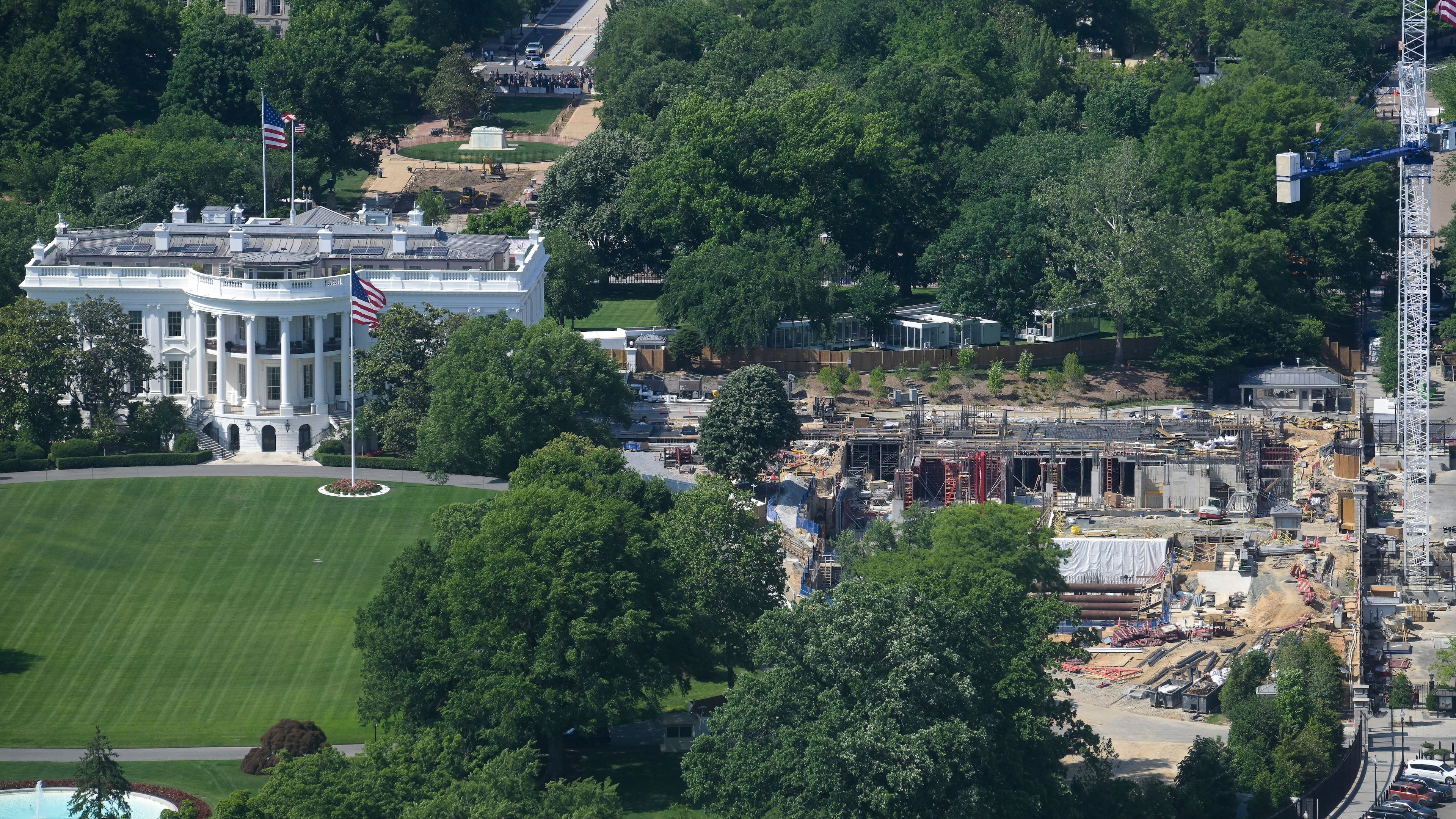 Work continues on the construction of the ballroom at the White House, Saturday, May 16, 2026, in Washington, where the East Wing once stood. (AP Photo/Rod Lamkey, Jr.)