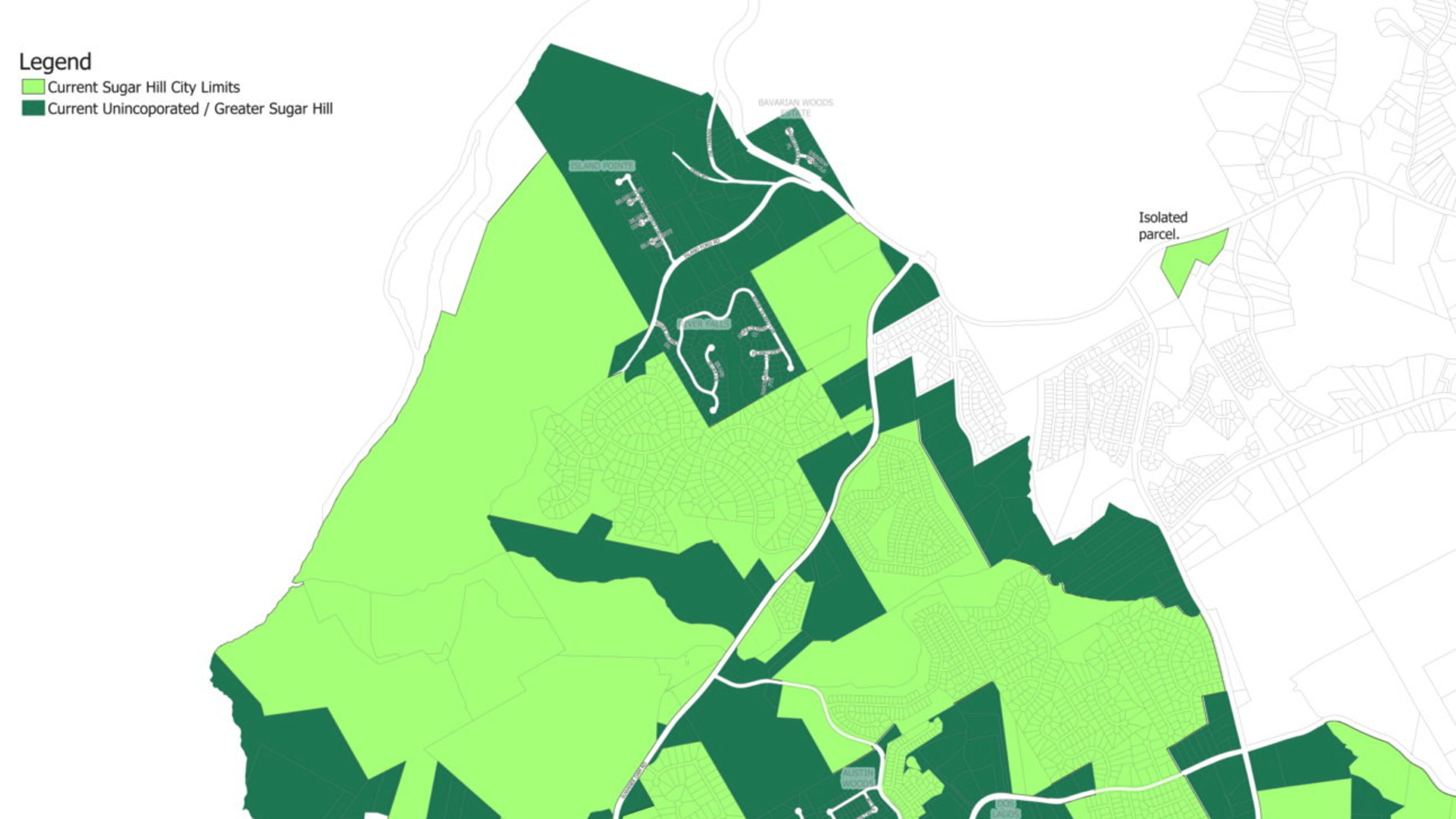 Sugar Hill hopes to close “gaps” in city limits. Light green areas are current Sugar Hill city limits, dark green are unincorporated areas of Greater Sugar Hill being considered for annexation. (Courtesy City of Sugar Hill)