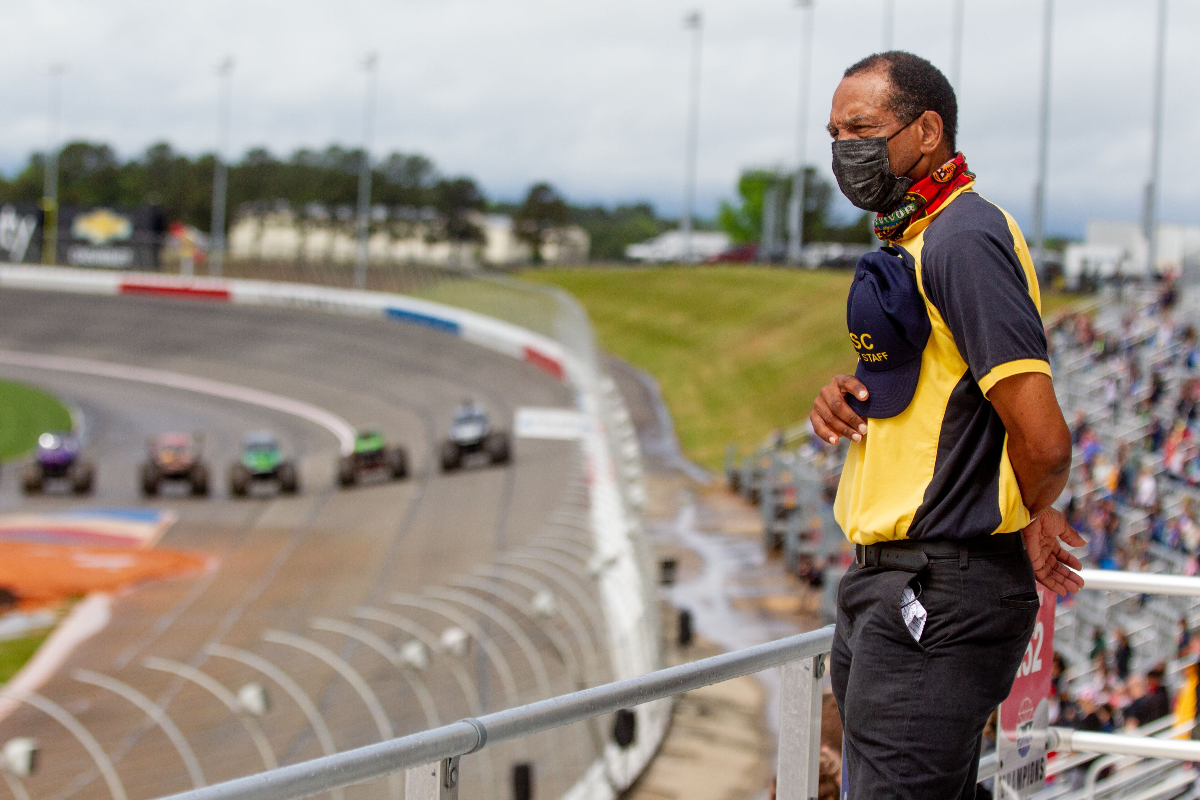 Kenneth Merritt takes off his hat during the national anthem before the start of the Monster Jam at Atlanta Motor Speedway on Saturday, April 24, 2021. (Photo: Steve Schaefer for The Atlanta Journal-Constitution)