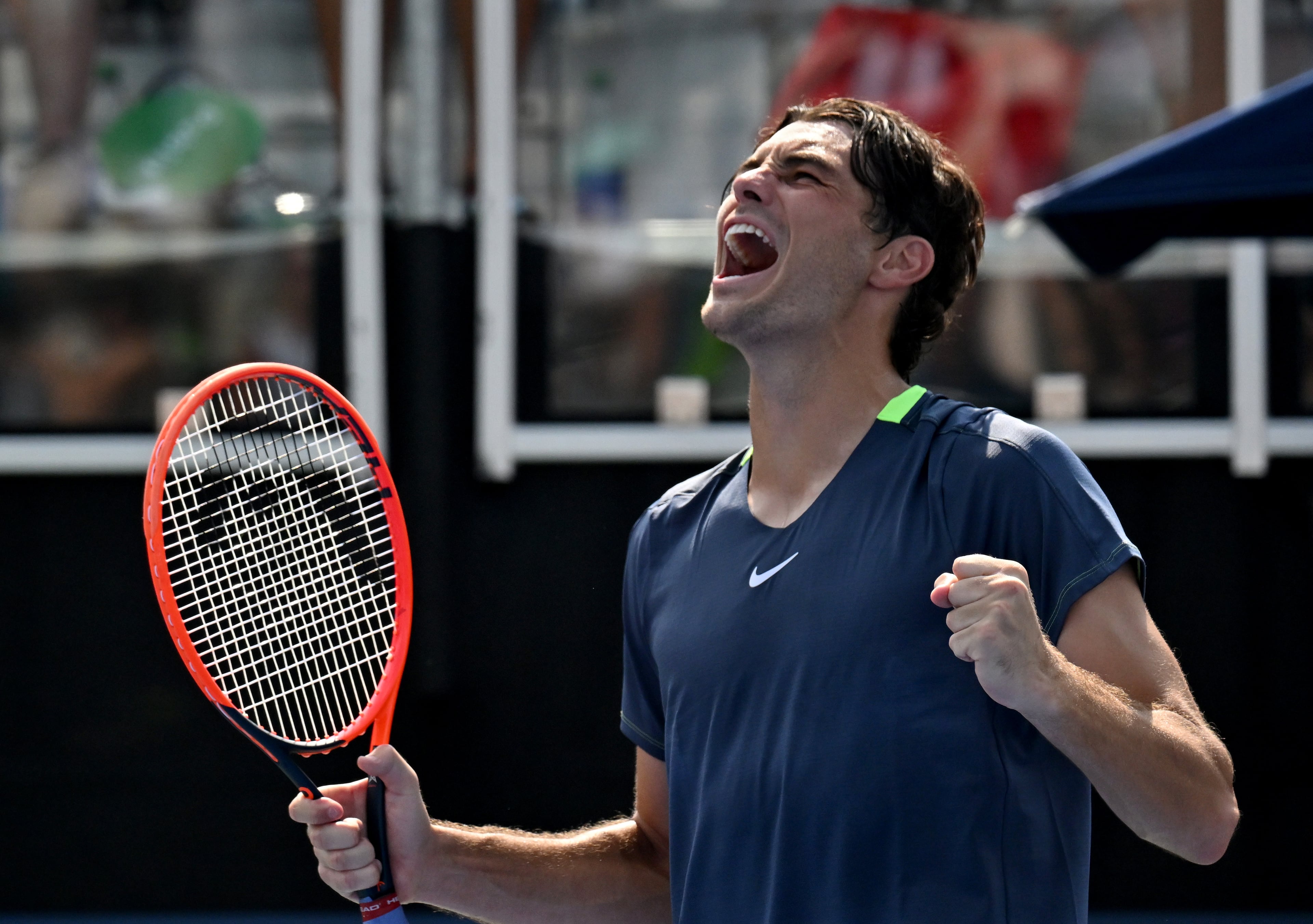 Taylor Fritz reacts after he beat J.J. Wolf during a semifinal match at the 2023 Atlanta Tennis Open at Atlantic Station, Saturday, July 29, 2023, in Atlanta. (Hyosub Shin / Hyosub.Shin@ajc.com)
