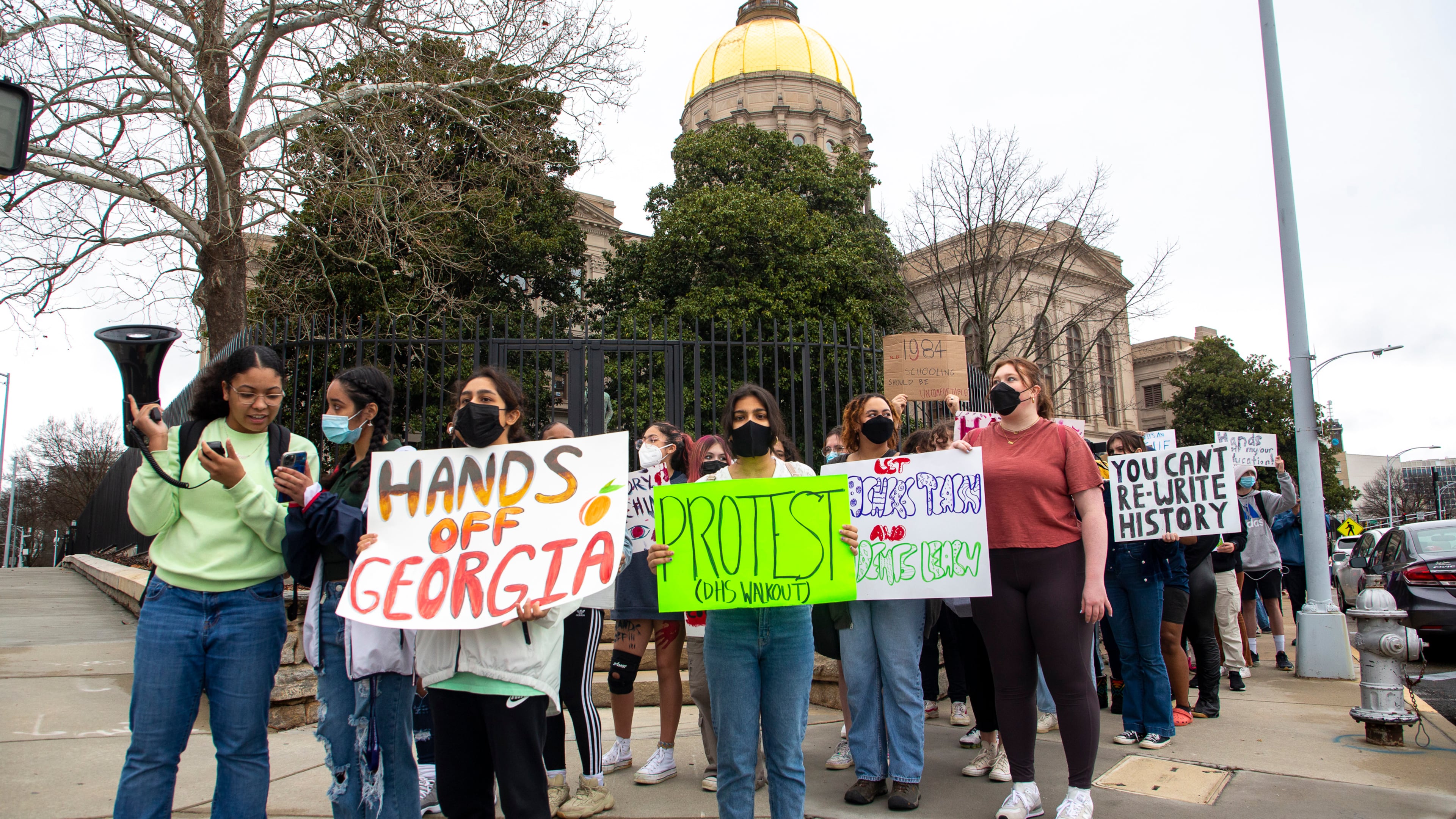 Students march around the state Capitol protesting what they call censorship legislation Friday, Feb. 25, 2022. The Georgia House approved one of the controversial measures, House Bill 1084, on Friday, March 4, 2022. (Steve Schaefer for The Atlanta Journal-Constitution)