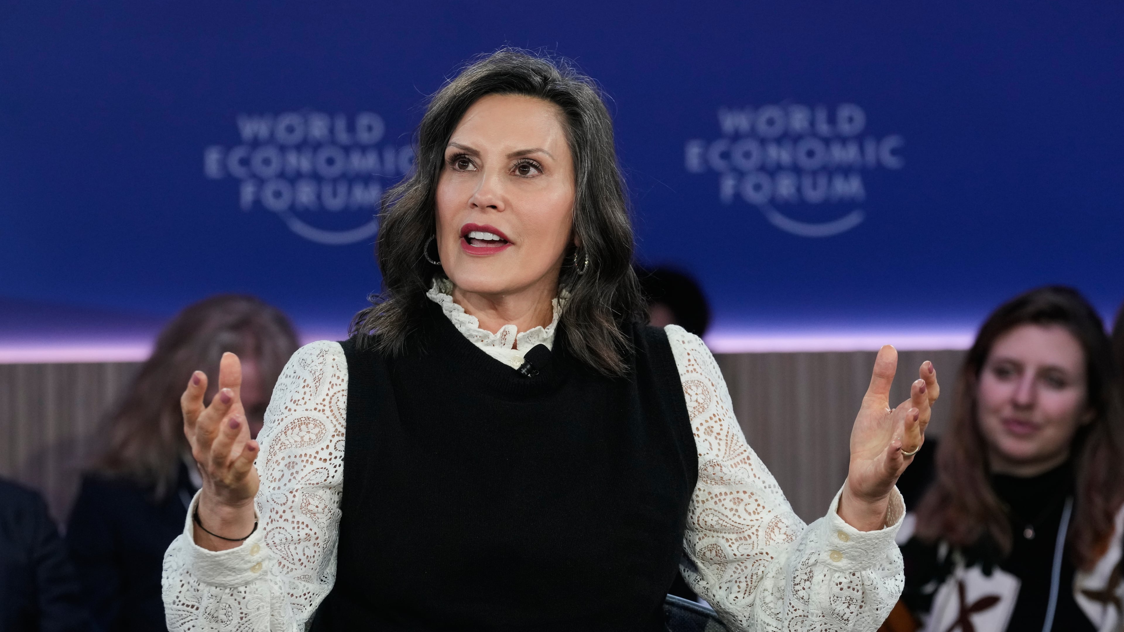 FILE - Michigan Gov. Gretchen Whitmer speaks during the Annual Meeting of the World Economic Forum in Davos, Switzerland, Jan. 21, 2026. (AP Photo/Markus Schreiber, File)