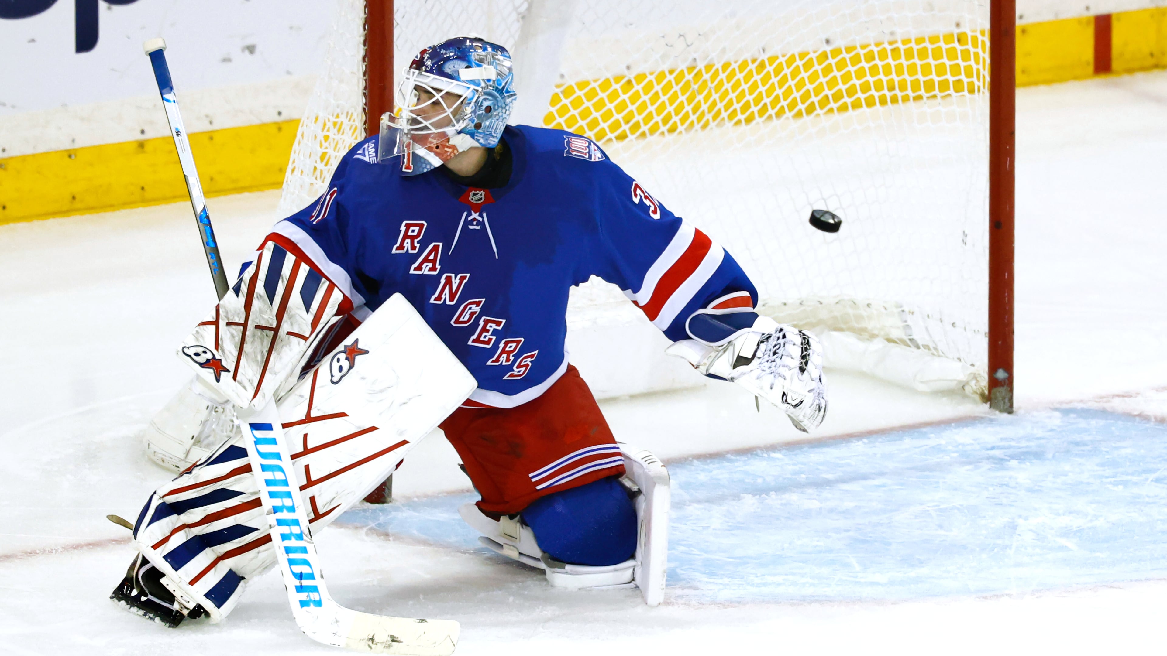 A puck shot by Anaheim Ducks left wing Cutter Gauthier (not shown) gets by New York Rangers goaltender Igor Shesterkin for a goal during the third period of an NHL hockey game, Monday, Dec 15, 2025, in New York. (AP Photo/Noah K. Murray)