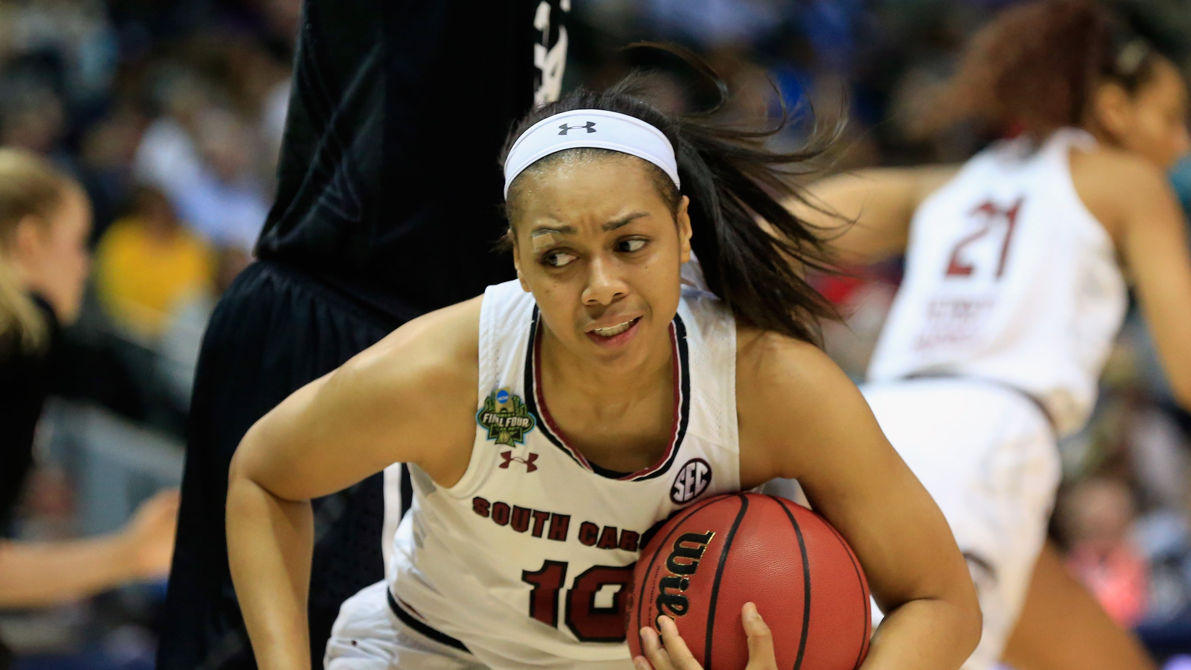 Allisha Gray #10 of the South Carolina Gamecocks rebounds against the Stanford Cardinal in the second half during the semifinal round of the 2017 NCAA Women's Final Four at American Airlines Center on March 31, 2017 in Dallas, Texas. (Photo by Ron Jenkins/Getty Images)