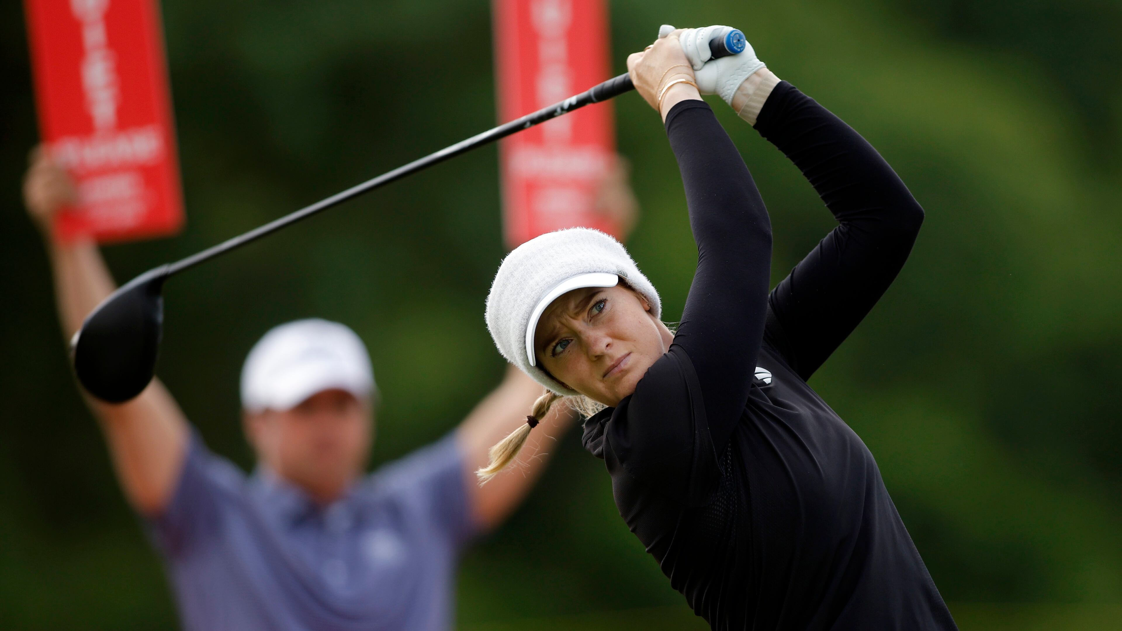Cassie Porter, of Australia, watches her tee shot on the ninth hole during the first round of the Meijer LPGA Classic golf tournament, Thursday, June 18, 2026, in Belmont, Mich. (AP Photo/Al Goldis)