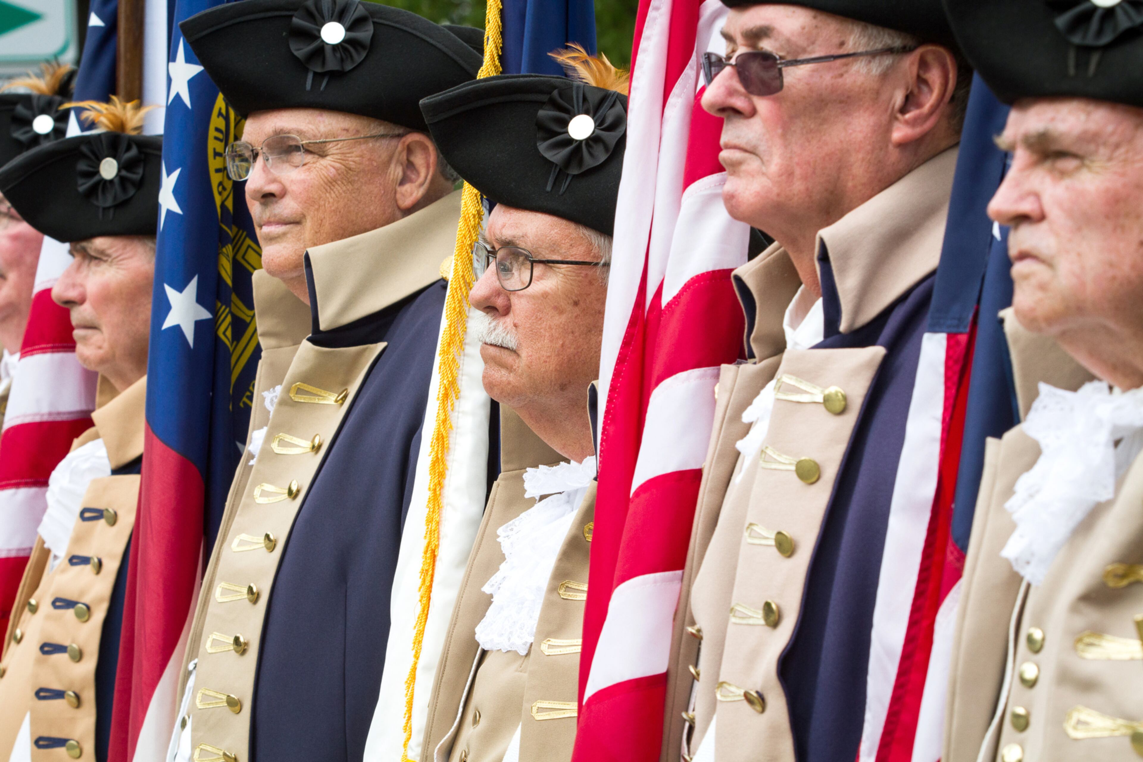 OLD SOLDIERS DAY--The Sons of the American Revolution color guard stand at attention at the beginning of the Old Soldiers Day Parade in Alpharetta, GA, Saturday, August 1 2015. STEVE SCHAEFER / SPECIAL TO THE AJC