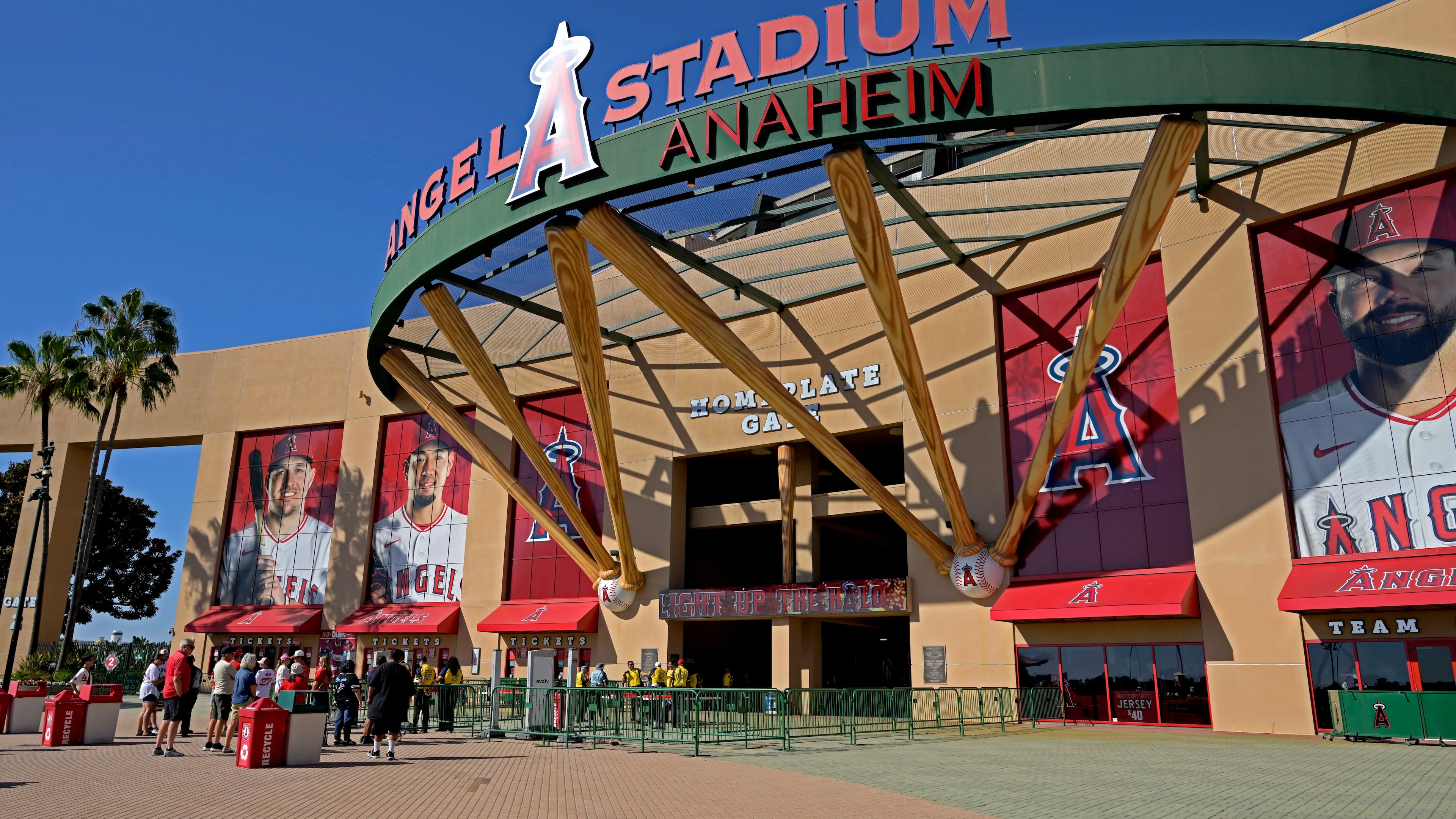 FILE - People line up outside Angel Stadium prior to a baseball game between the Los Angeles Angels and the Cleveland Guardians, Aug. 24, 2026, in Anaheim, Calif. (AP Photo/Jayne Kamin-Oncea, File)
