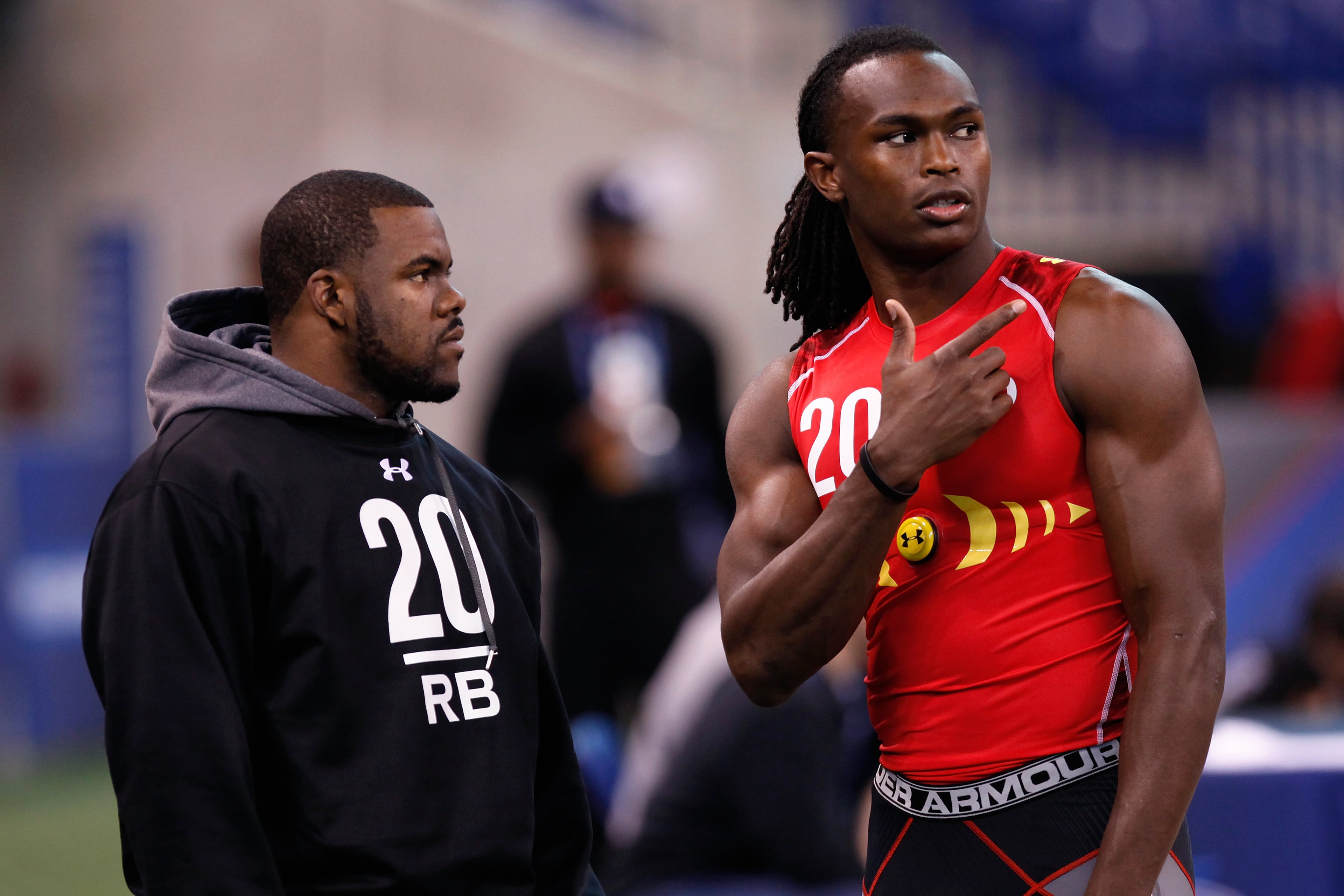INDIANAPOLIS, IN - FEBRUARY 27: Former Alabama teammates Mark Ingram (L) and Julio Jones look on during the 2011 NFL Scouting Combine at Lucas Oil Stadium on February 27, 2011 in Indianapolis, Indiana. (Photo by Joe Robbins/Getty Images)
