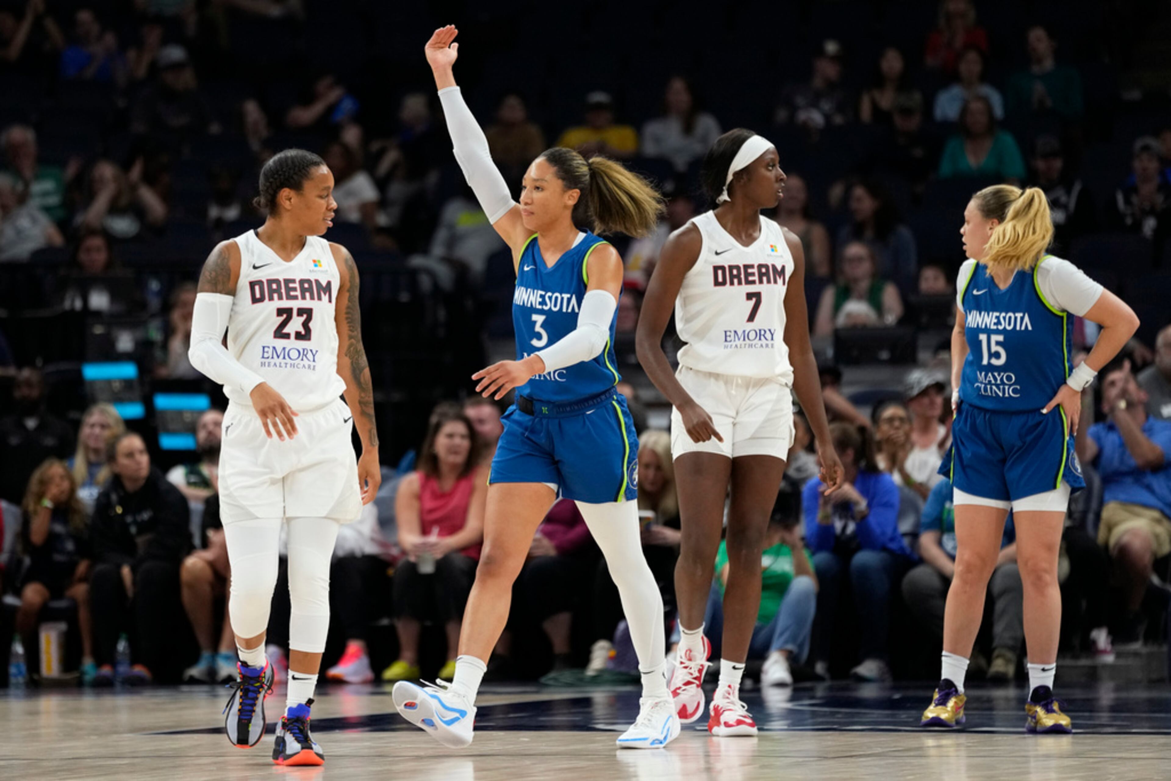 Minnesota Lynx forward Aerial Powers (3) celebrates after a traveling violation against the Atlanta Dream during the second half of a WNBA basketball game Friday, Sept. 1, 2023, in Minneapolis. (AP Photo/Abbie Parr)