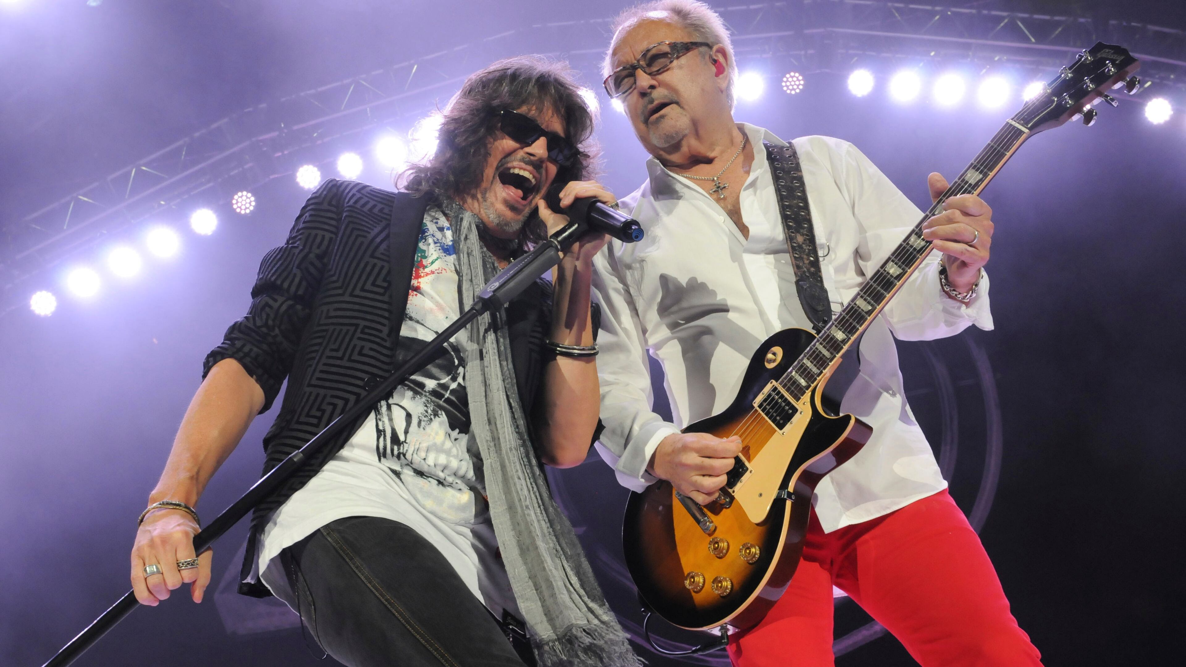 Kelly Hansen, left, and Mick Jones of Foreigner perform during the '40th Anniversary Tour' at Coral Sky Amphitheatre on Tuesday, August 1, 2017 in West Palm Beach, Fla. (Photo by Michele Eve Sandberg/Invision/AP)
