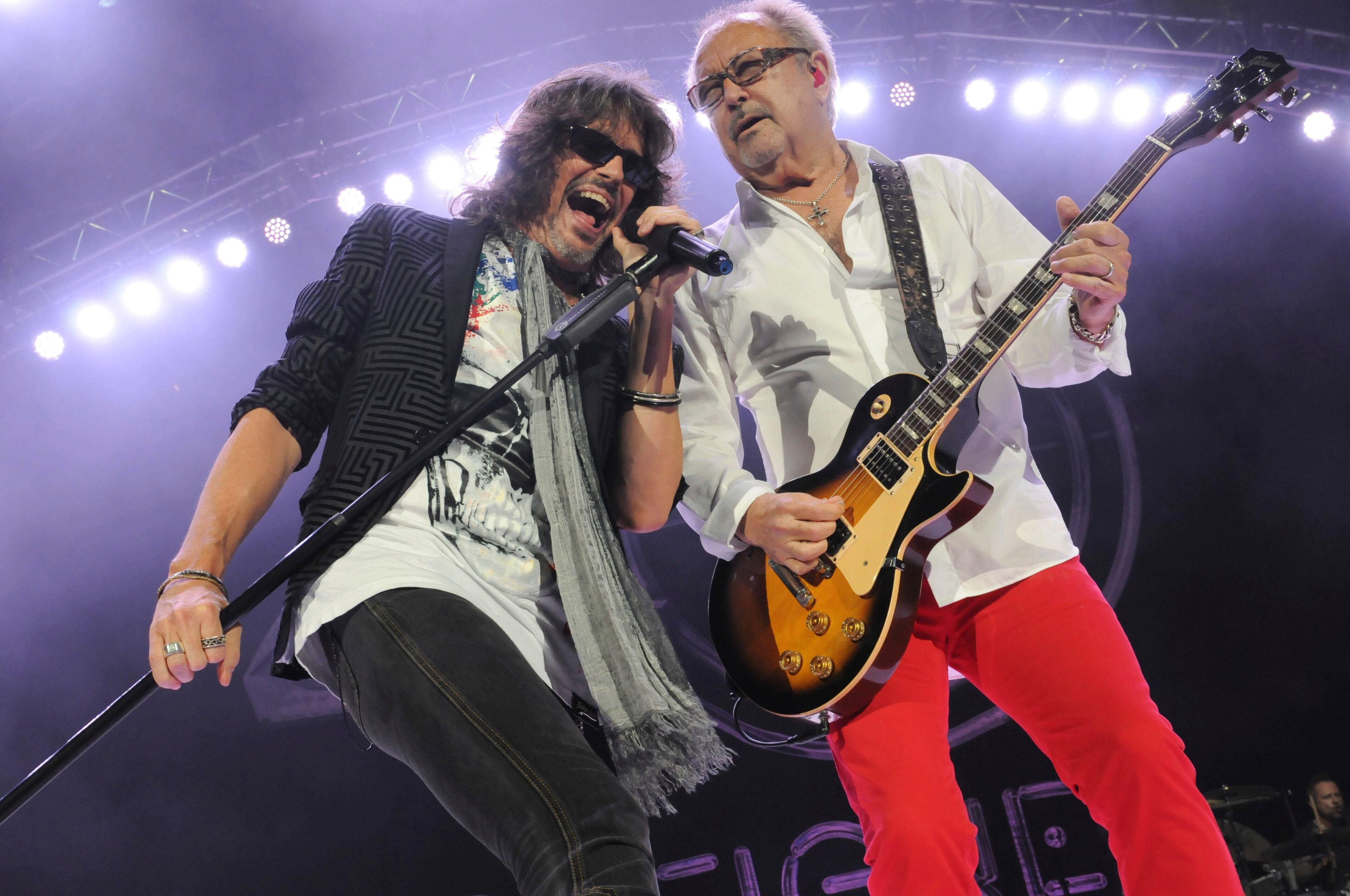 Kelly Hansen, left, and Mick Jones of Foreigner perform during the '40th Anniversary Tour' at Coral Sky Amphitheatre on Tuesday, August 1, 2017 in West Palm Beach, Fla. (Photo by Michele Eve Sandberg/Invision/AP)
