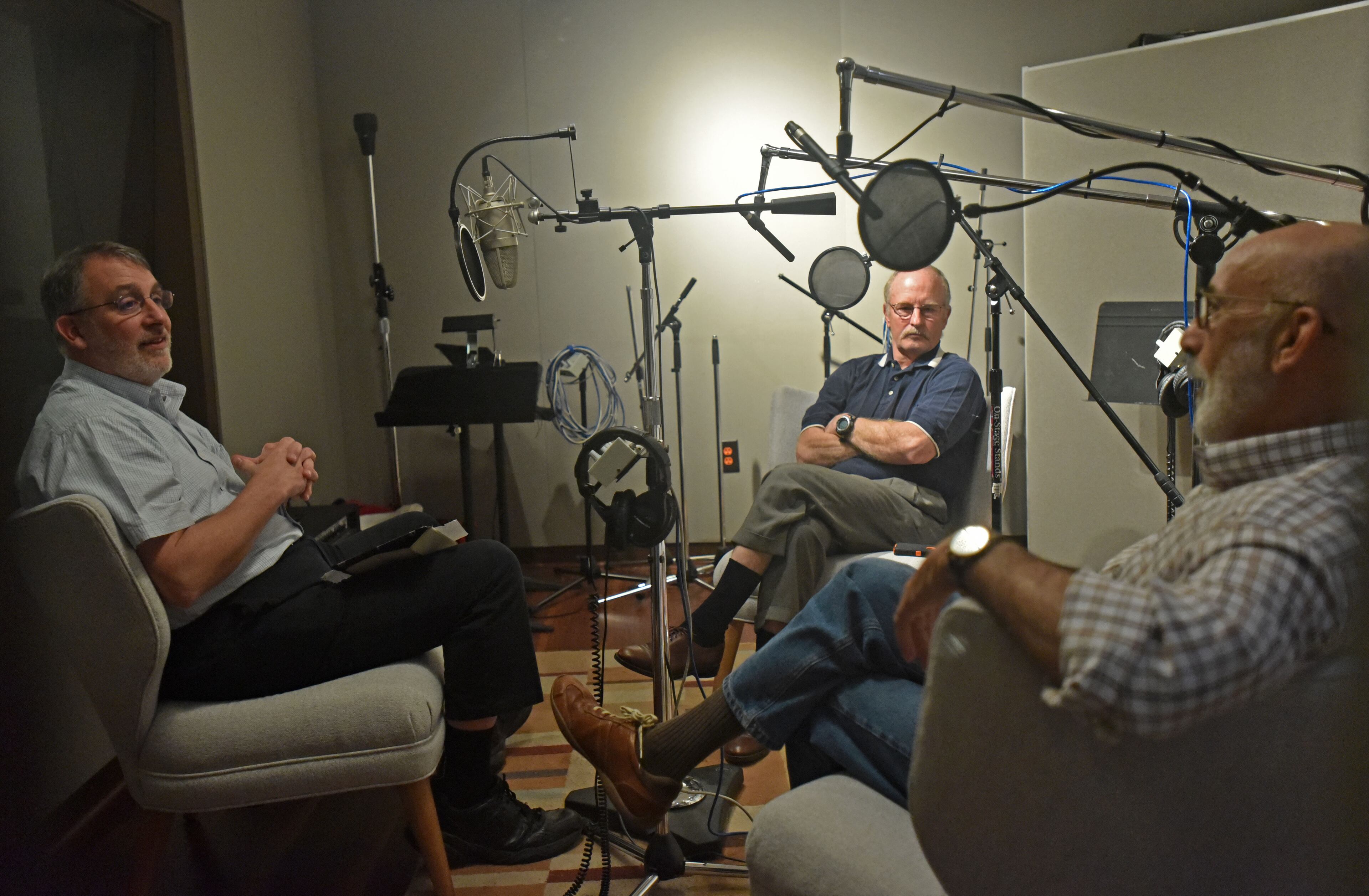 AJC senior legal affairs writer Bill Rankin (left) interviews former FBI agents Danny Sindall and John Insogna (right) for The Atlanta Journal-Constitution's podcast series "Breakdown" at Co3 Sound in Buckhead HYOSUB SHIN / HSHIN@AJC.COM