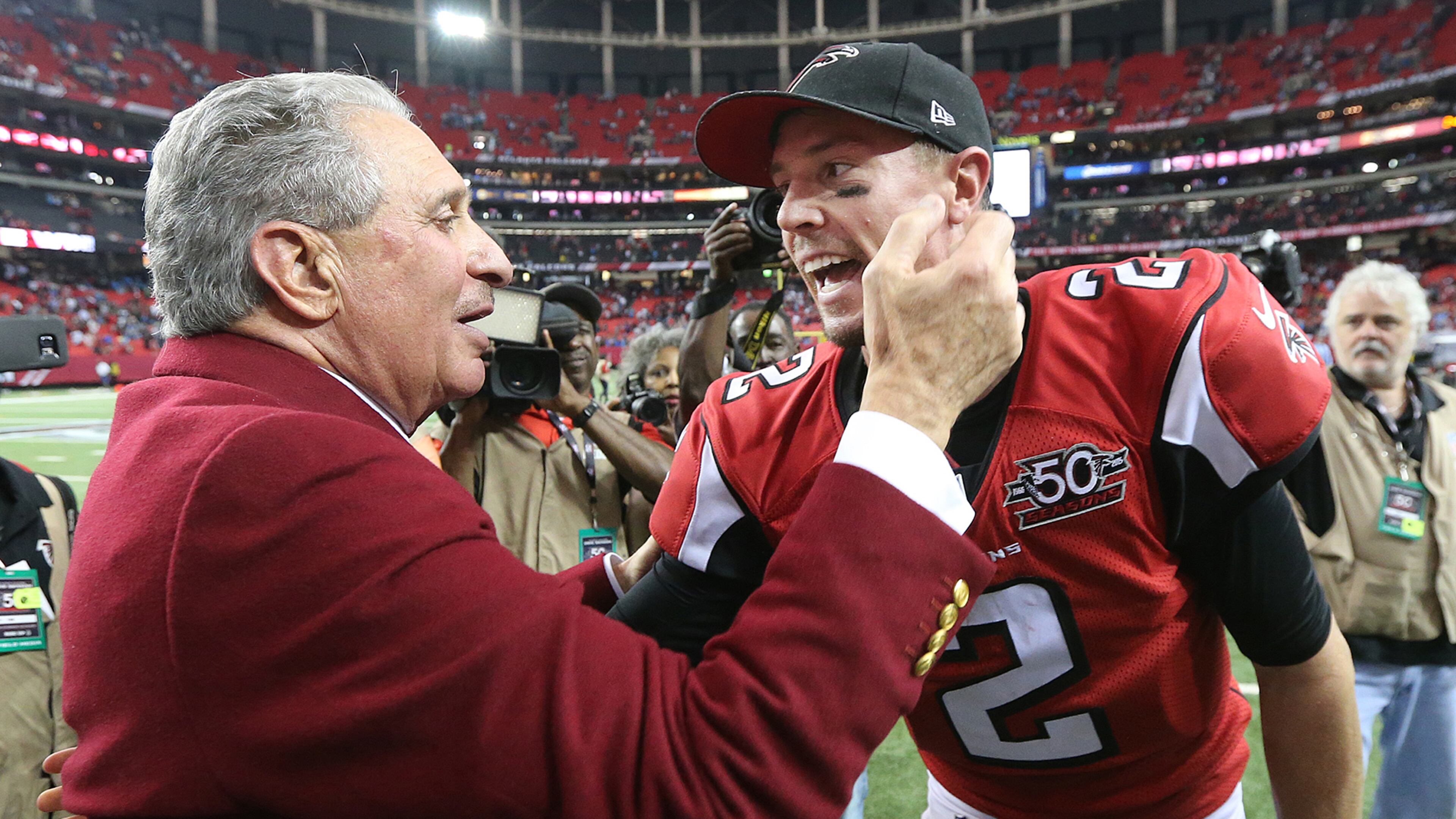 Falcons owner Arthur Blank celebrated this upset of the Carolina Pathers in December with quarterback Matt Ryan but otherwise was disappointed in the team’s 8-8 season in 2015. (Curtis Compton/ccompton@ajc.com)