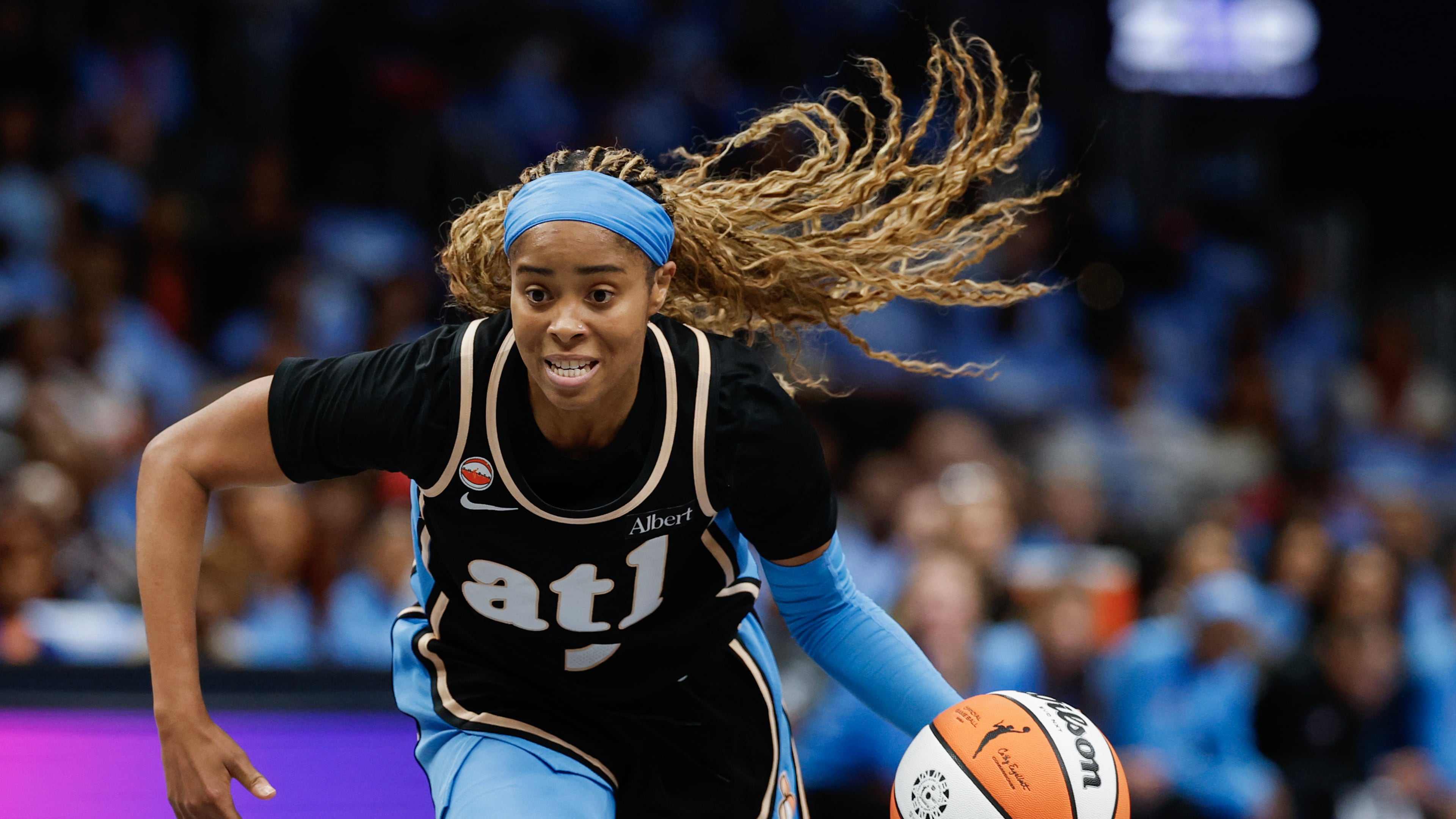 Atlanta Dream guard Jordin Canada drives against the Washington Mystics during the first half of a WNBA first-round playoff game between the Dream and the Mystics, Sunday, Sept. 27, 2026, in Atlanta. (Erik S. Lesser for the AJC)