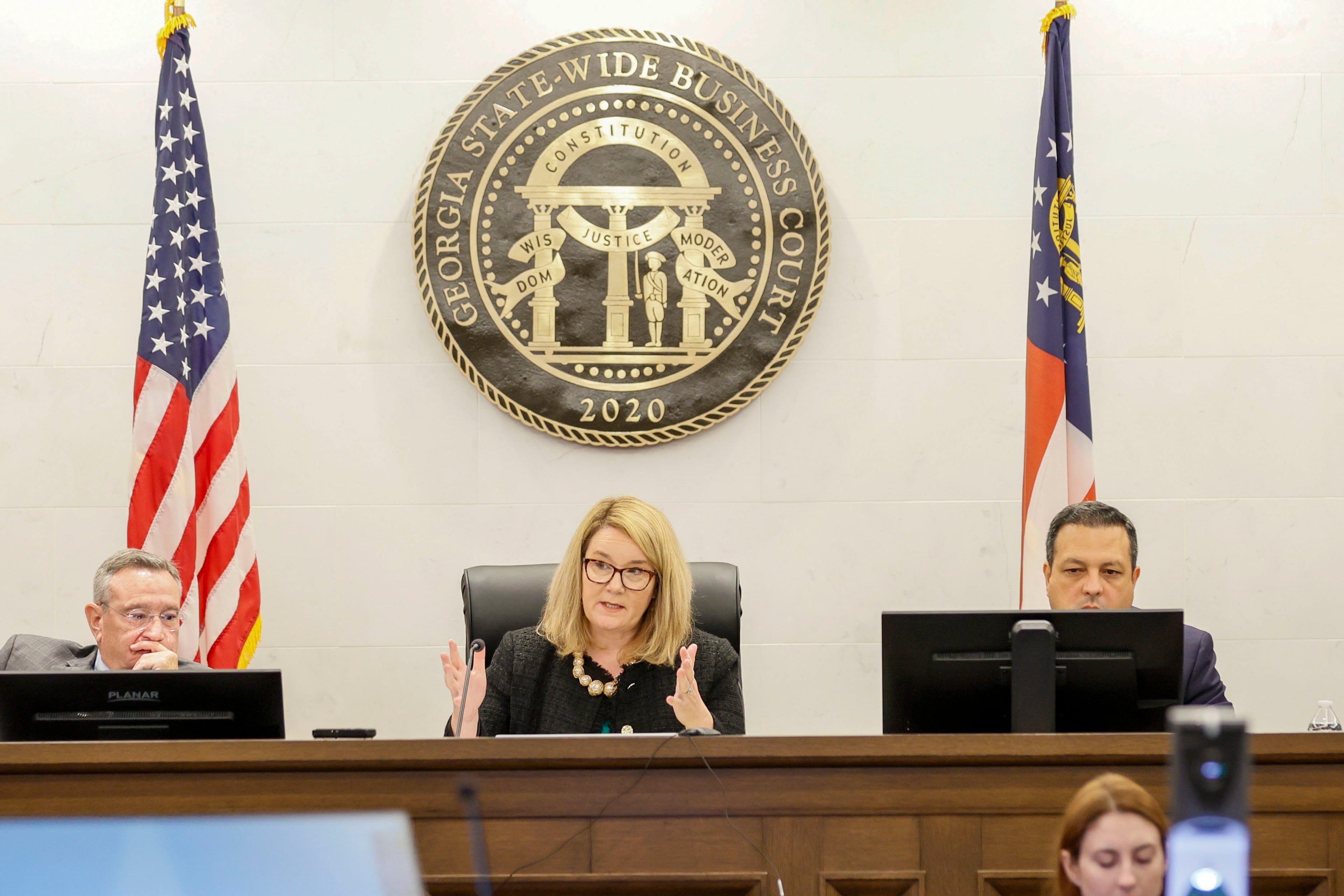 Georgia Judicial Qualifications Commission hearing panel members Richard Hyde (from left), Judge Alison Burleson and Dax Lopez preside over a misconduct hearing against Fulton County Superior Court Judge Shermela Williams. (Miguel Martinez/ AJC)