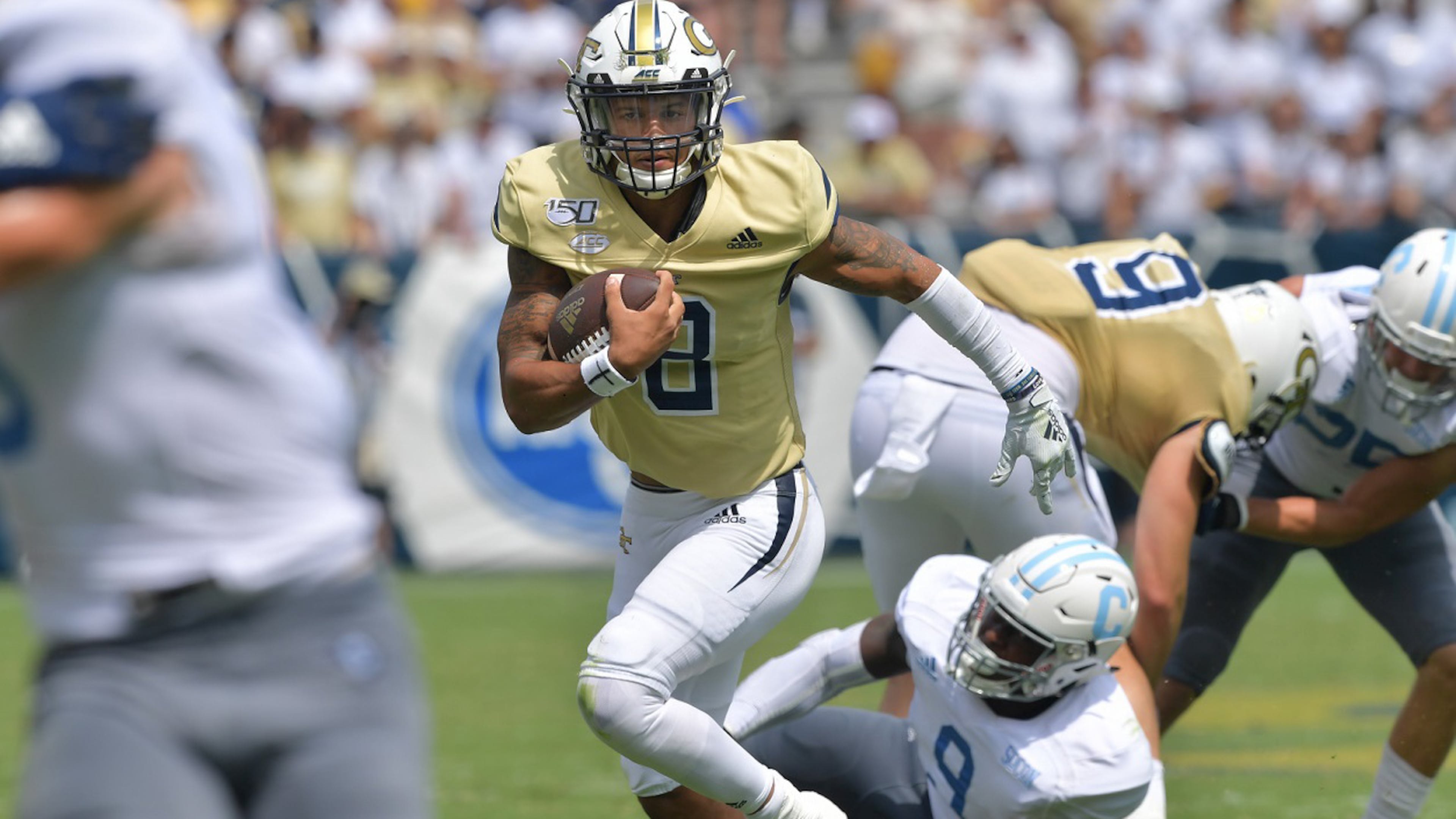 Georgia Tech quarterback Tobias Oliver (8) runs with a ball in the first half at Bobby Dodd Stadium on Saturday, September 14, 2019. (Hyosub Shin / Hyosub.Shin@ajc.com)