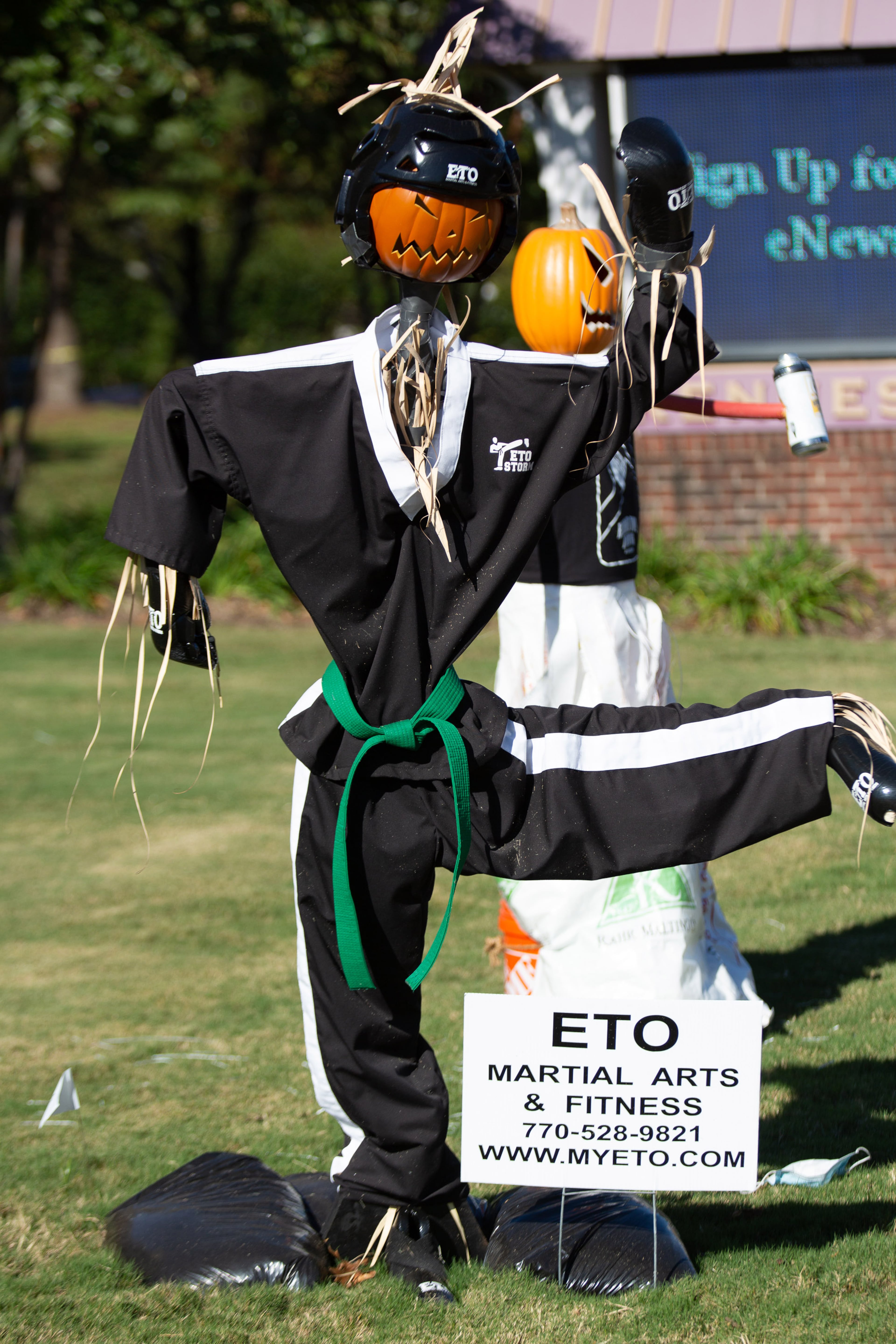 Scarecrows line Main Street in Kennesaw on Saturday, October 17, 2020. The inaugural Scarecrows on Main will be on display during the month of October. STEVE SCHAEFER / SPECIAL TO THE AJC