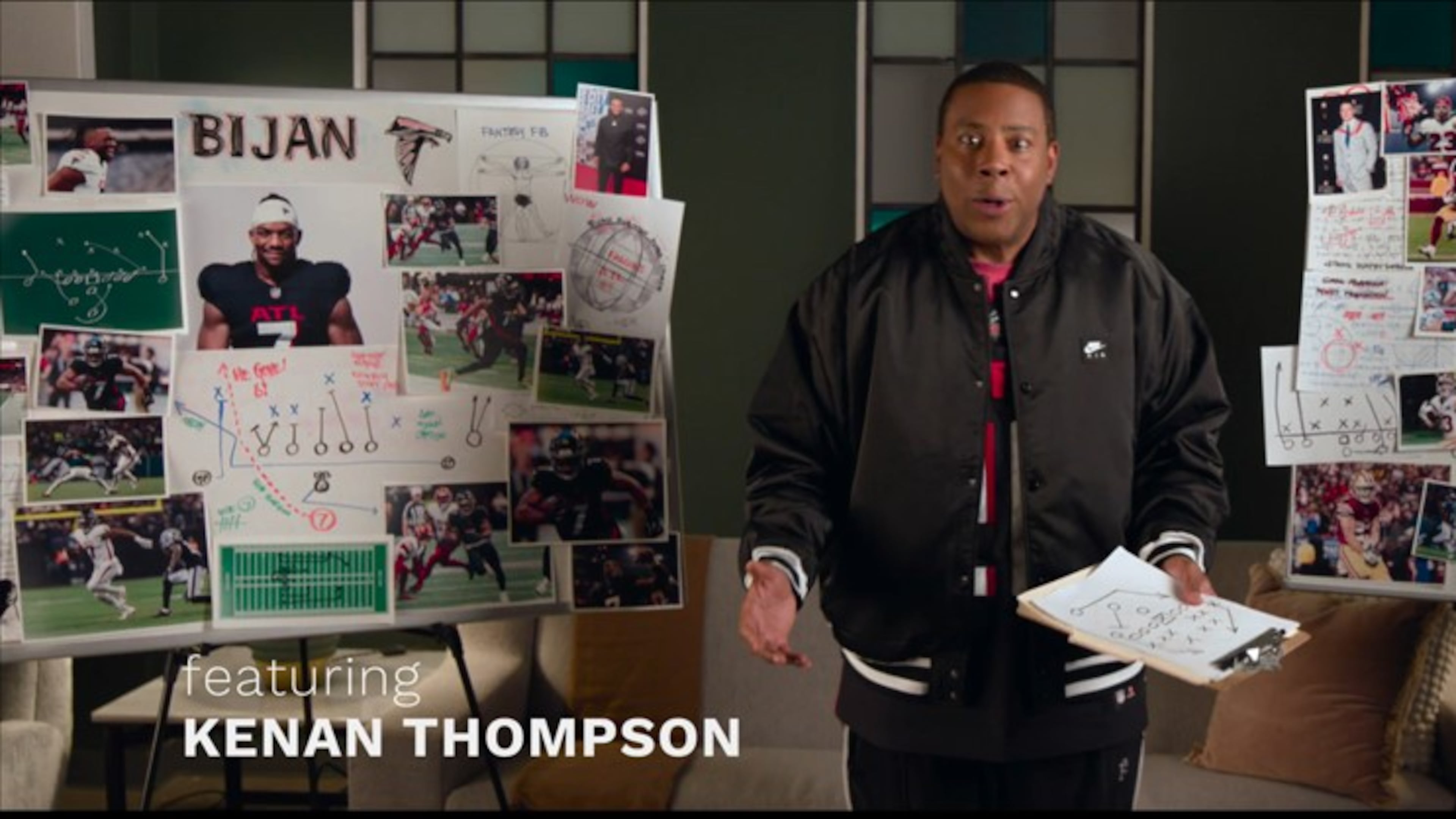 Falcons fan Kenan Thompson has a "Sunday Night Football" dilemma in this trailer for "Sunday Night Football": Does he start Bijan Robinson or Christian McCaffrey on his fantasy team? (Courtesy of NBC Universal)