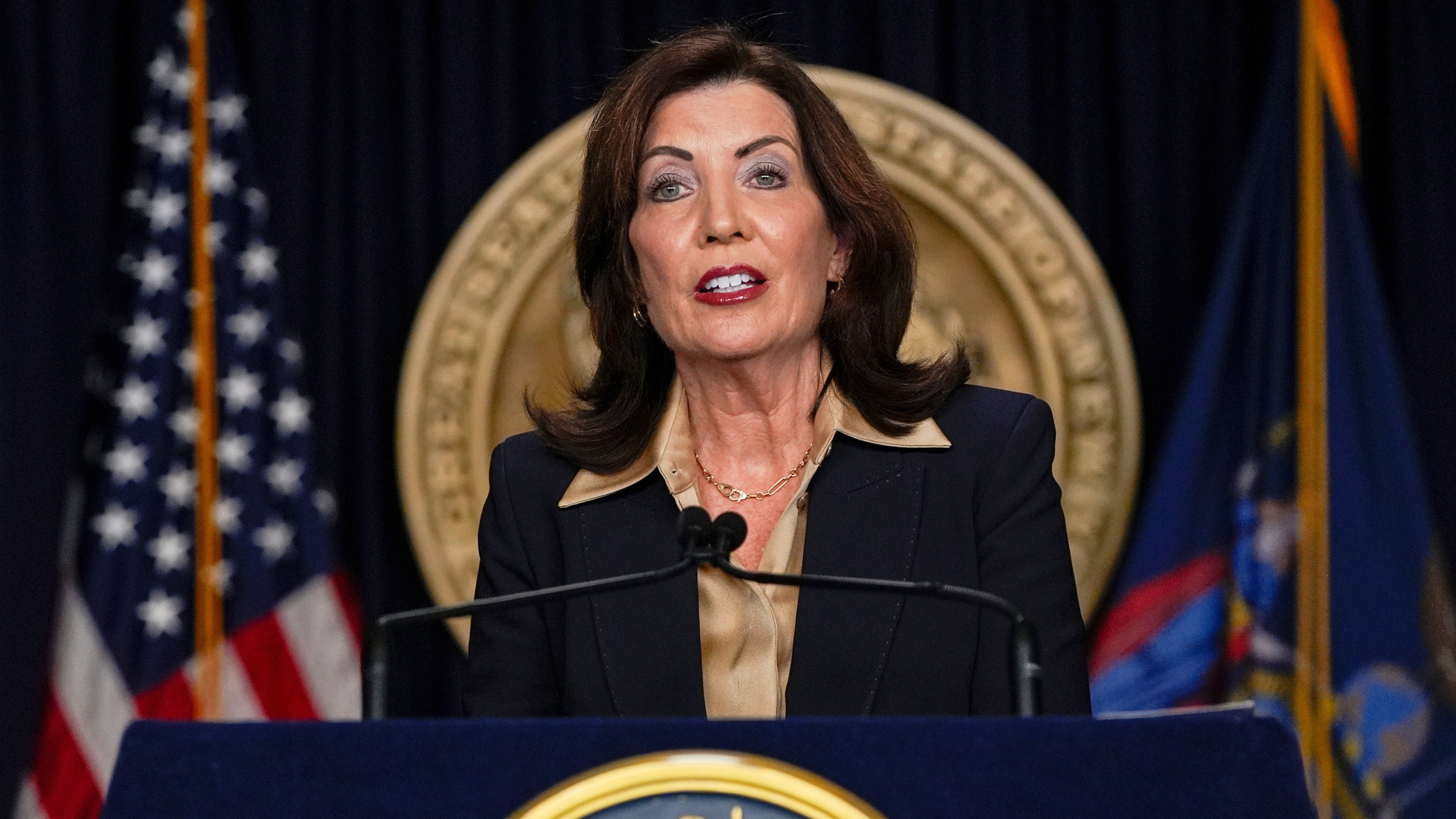 FILE - New York Gov. Kathy Hochul speaks at a news conference, Feb. 20, 2025, in New York. (AP Photo/Julia Demaree Nikhinson, File)