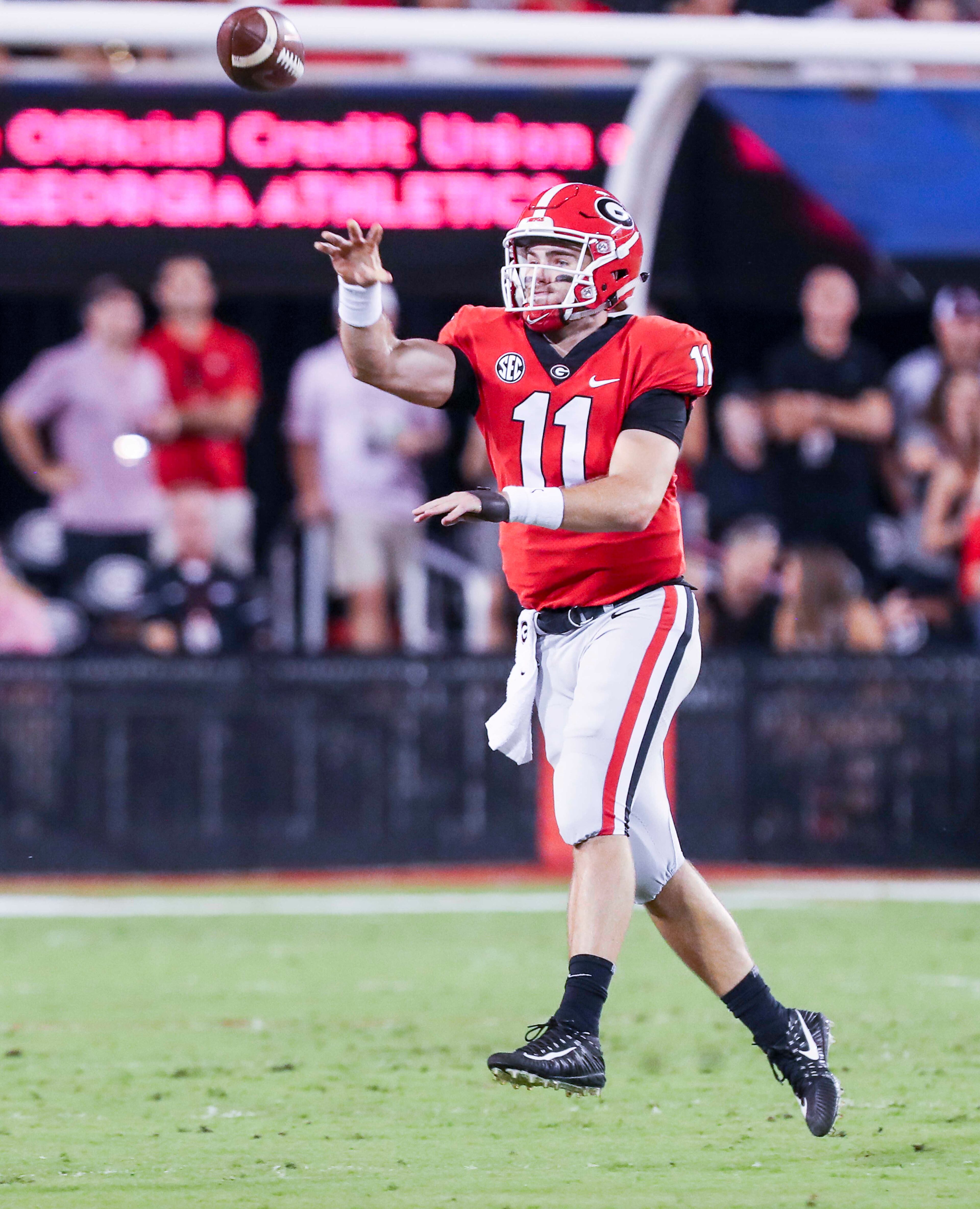 10/06/2018 -- Athens, Georgia -- Georgia quarterback Jake Fromm (11) throws the ball for an incomplete pass against Vanderbilt during the first quarter of a NCAA college football game at Sanford Stadium in Athens, Saturday, October 6, 2018. (ALYSSA POINTER/ALYSSA.POINTER@AJC.COM)