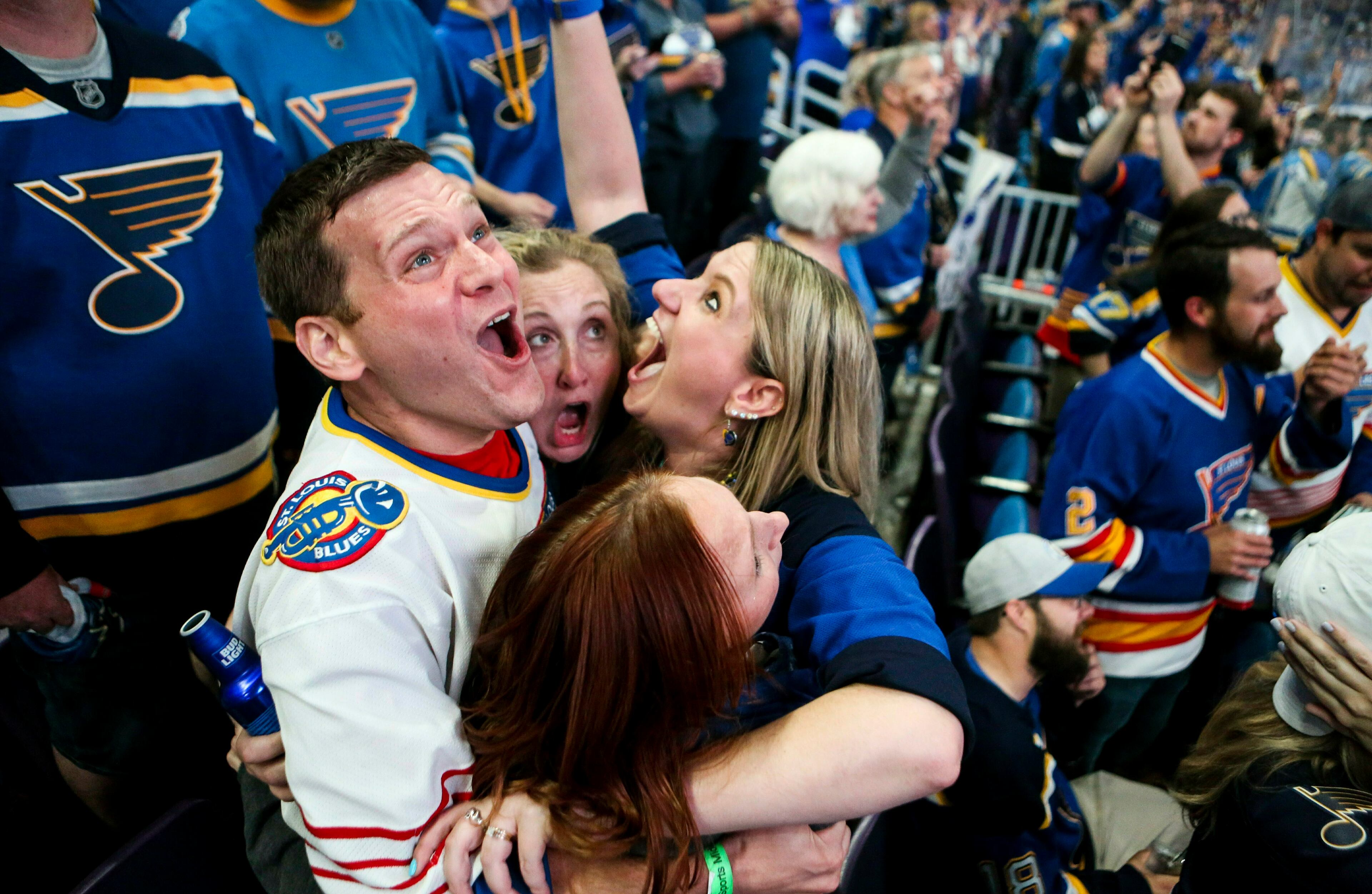 Bill Kess, left, and his friends react as the clock hits zero and the St. Louis Blues win the Stanley Cup over the Boston Bruins in Boston, during a watch party Wednesday, June 12, 2019, at Enterprise Center in St. Louis. (Colter Peterson/St. Louis Post-Dispatch via AP)
