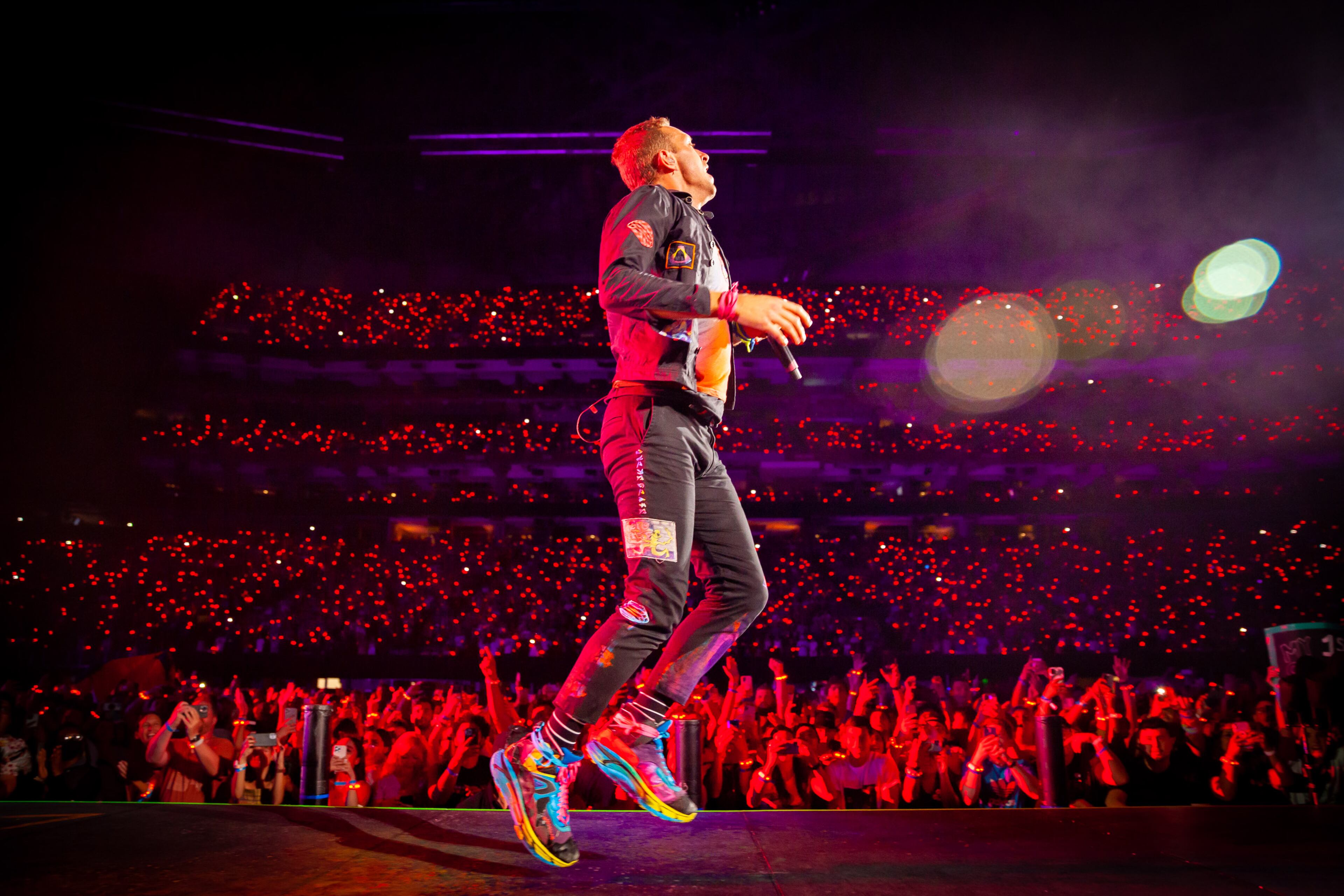 Coldplay, featuring energetic lead singer Chris Martin, brought its Music of the Spheres World Tour to Mercedes-Benz Stadium in Atlanta on Saturday night, June 11, 2022. (Ryan Fleisher for The Atlanta Journal-Constitution)