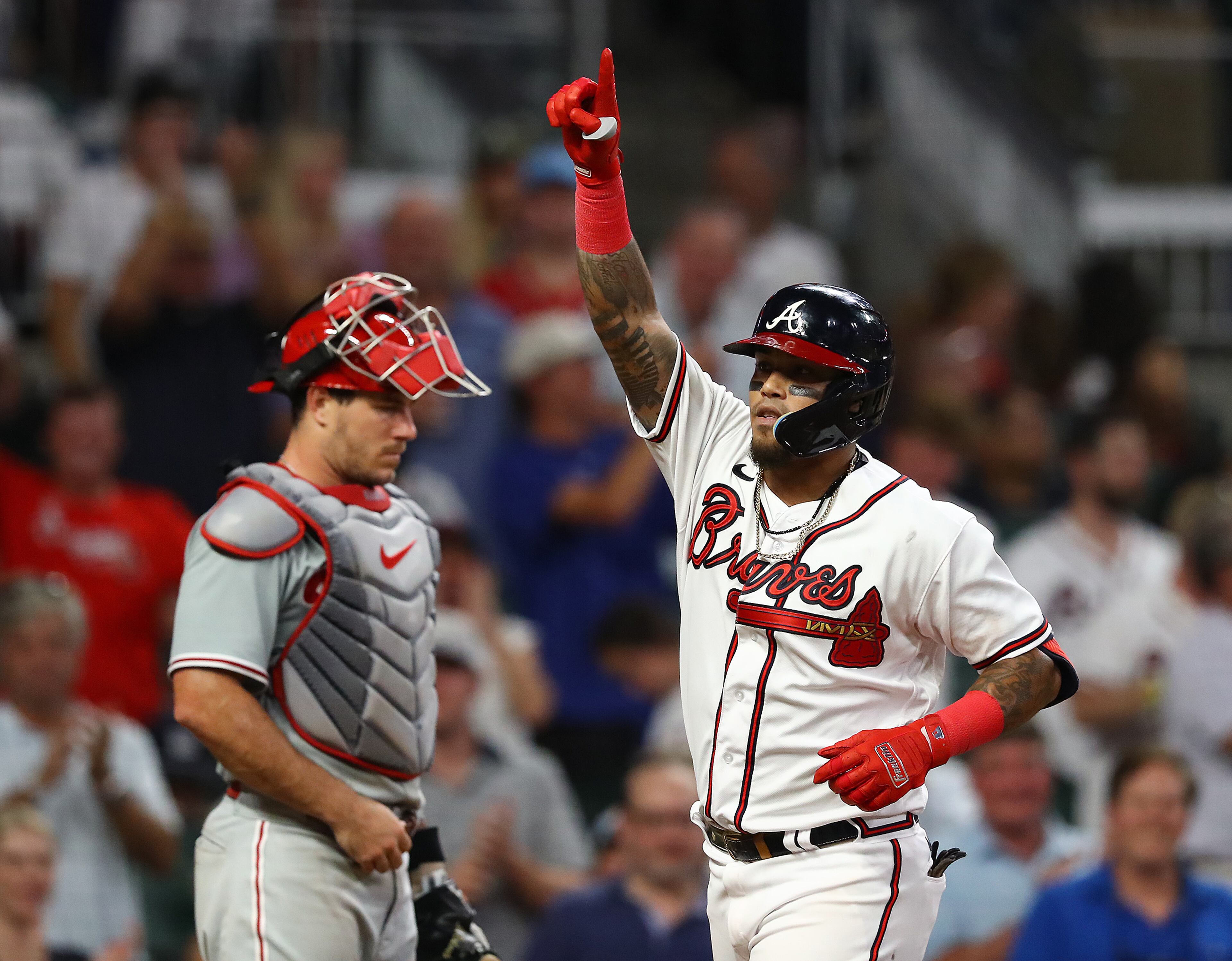 Braves second baseman Orlando Arcia reacts to his 2-RBI home run for an 8-1 lead during the fifth inning of a MLB baseball game on Tuesday, August 2, 2022, in Atlanta. “Curtis Compton / Curtis Compton@ajc.com